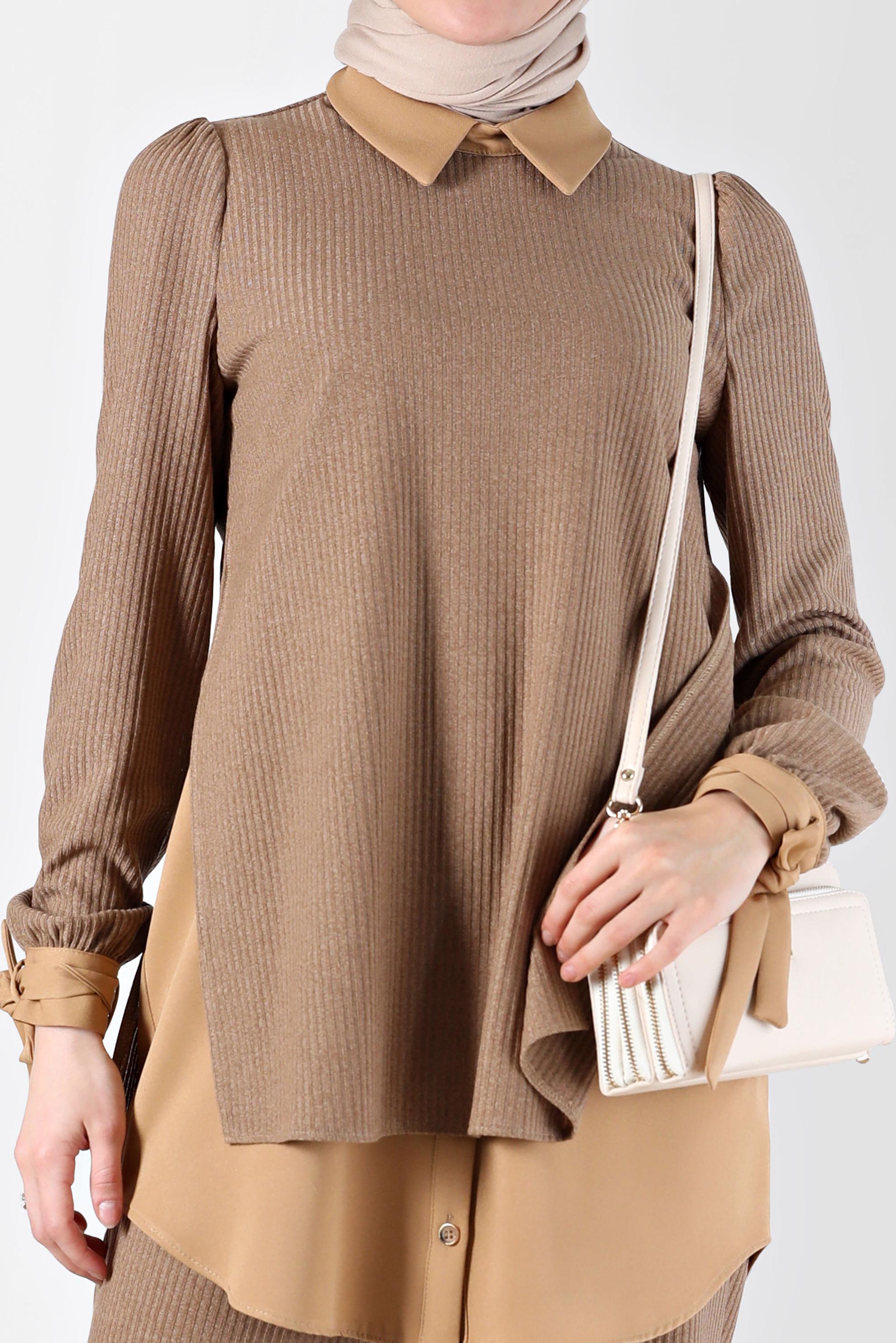 Tesettür giyim KAHVE GÖMLEK PARÇA DETAYLI KAŞKORSE İKİLİ PANT. TAKIM 42363 