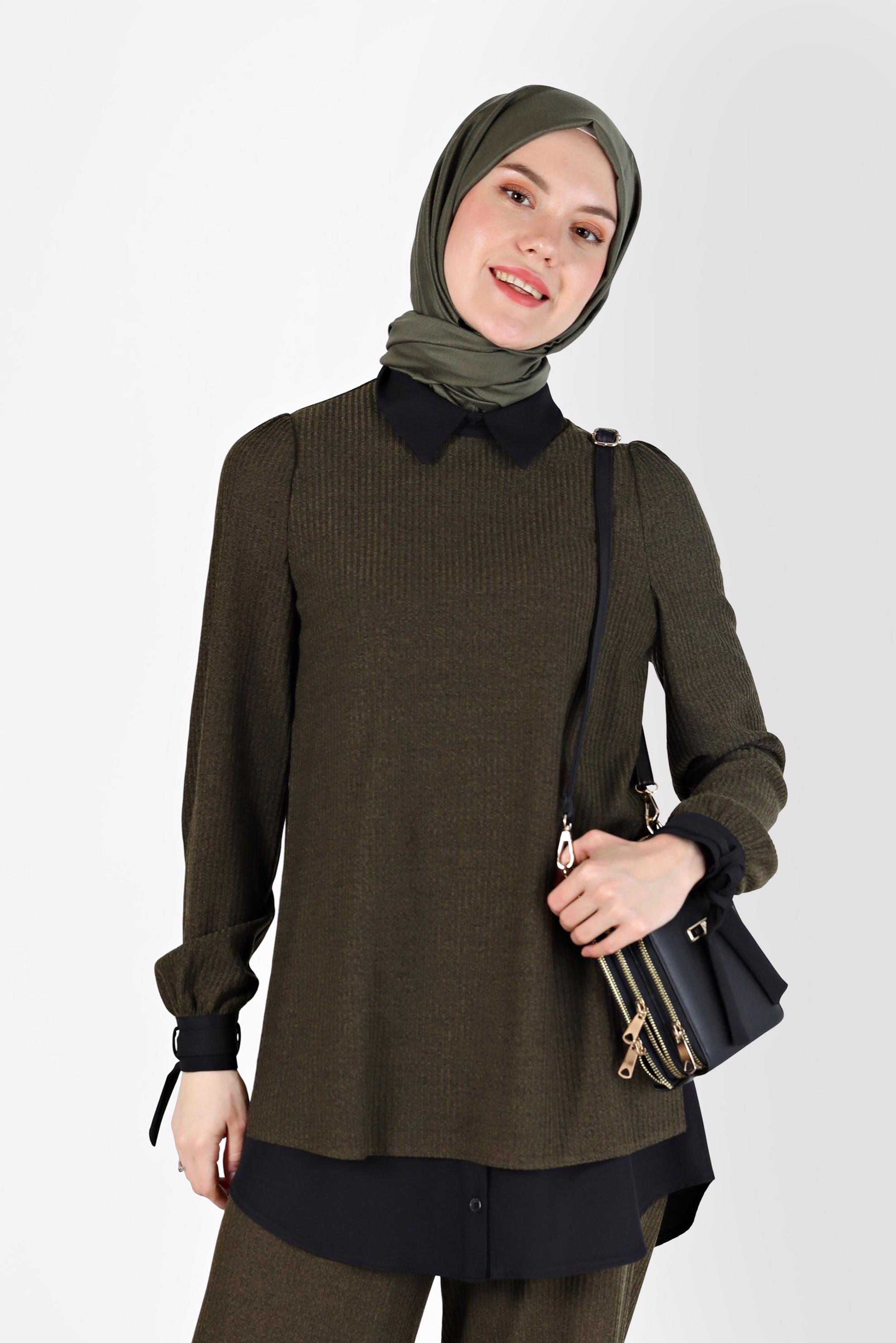 Tesettür giyim HAKİ GÖMLEK PARÇA DETAYLI KAŞKORSE İKİLİ PANT. TAKIM 42363 