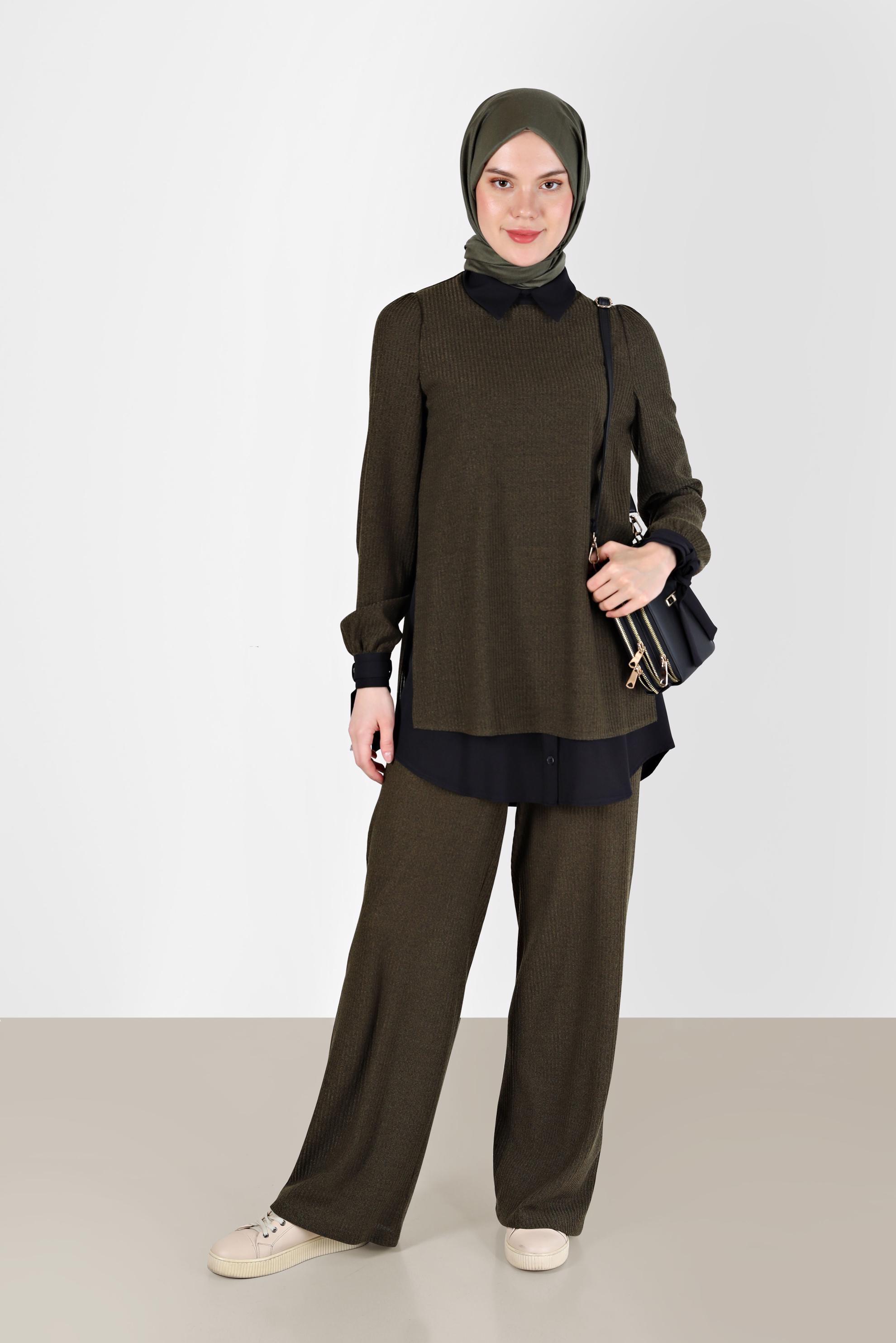 Tesettür giyim HAKİ GÖMLEK PARÇA DETAYLI KAŞKORSE İKİLİ PANT. TAKIM 42363 