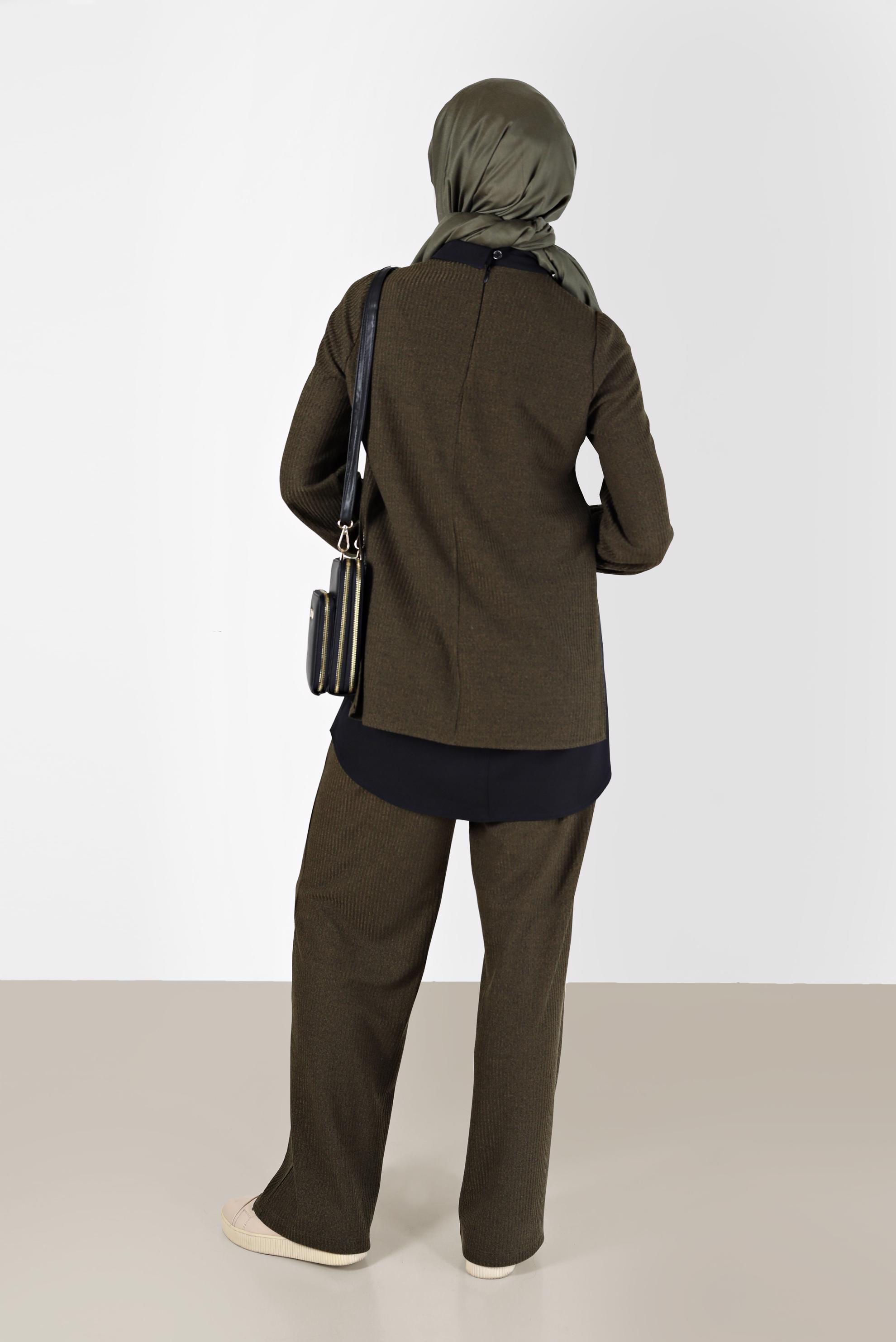 Tesettür giyim HAKİ GÖMLEK PARÇA DETAYLI KAŞKORSE İKİLİ PANT. TAKIM 42363 