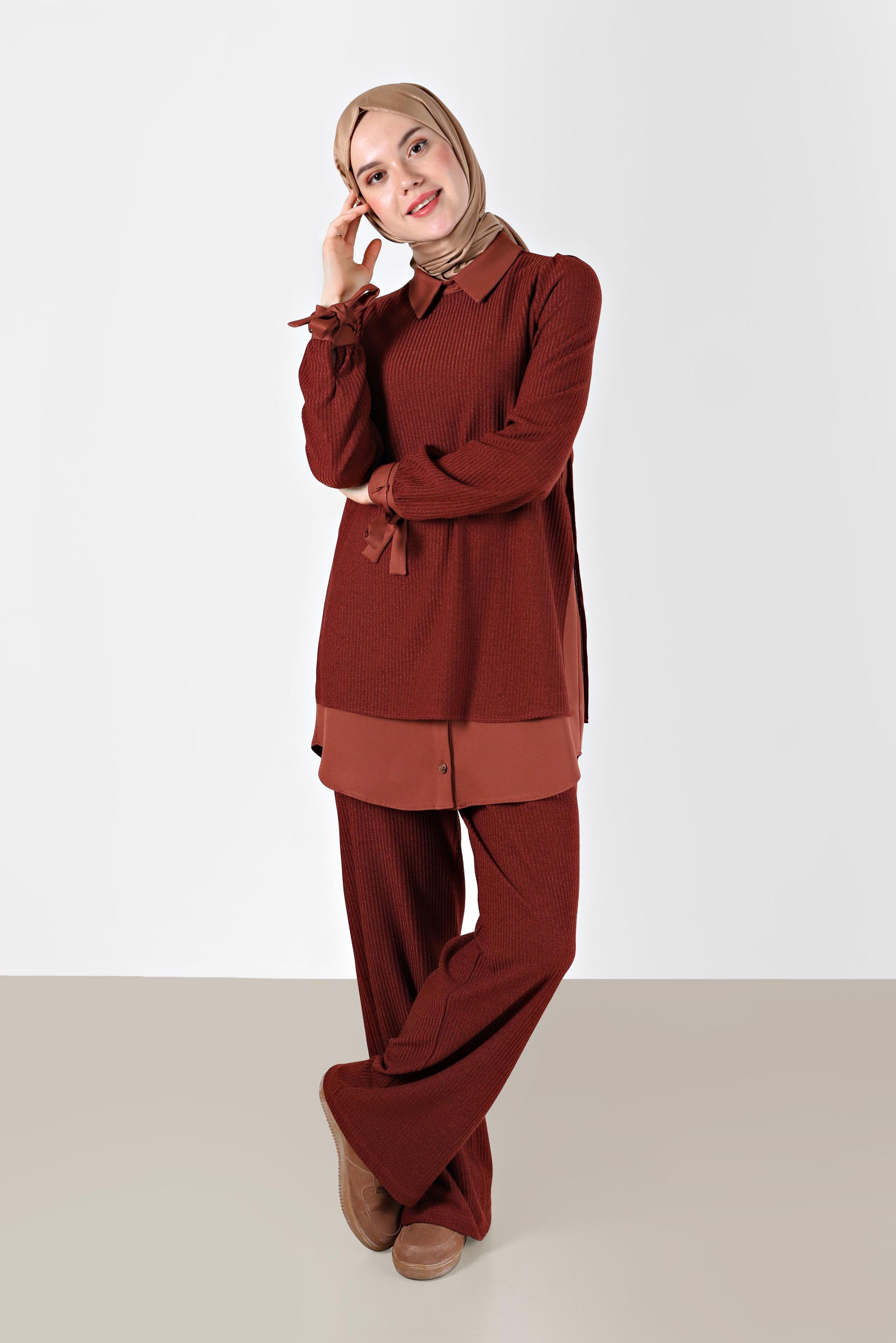 Tesettür giyim TURUNCU GÖMLEK PARÇA DETAYLI KAŞKORSE İKİLİ PANT. TAKIM 42363 