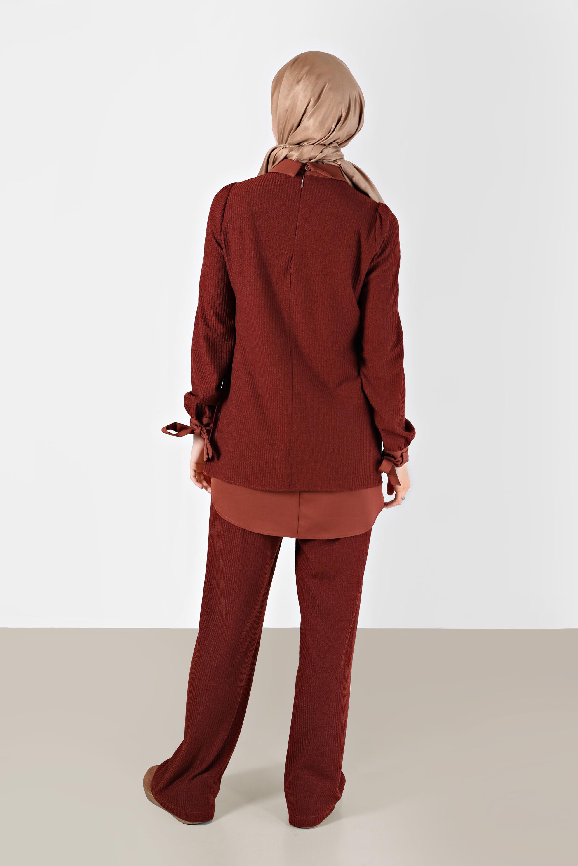 Tesettür giyim TURUNCU GÖMLEK PARÇA DETAYLI KAŞKORSE İKİLİ PANT. TAKIM 42363 