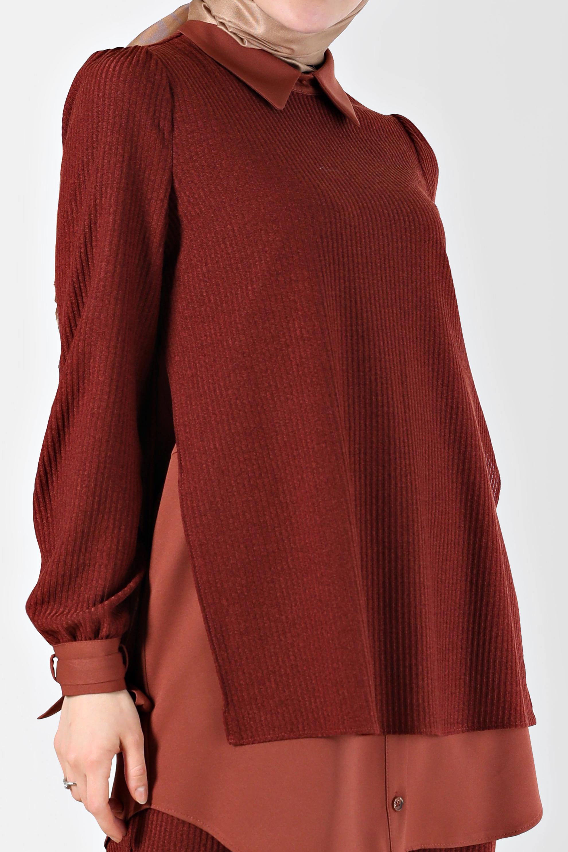 Tesettür giyim TURUNCU GÖMLEK PARÇA DETAYLI KAŞKORSE İKİLİ PANT. TAKIM 42363 