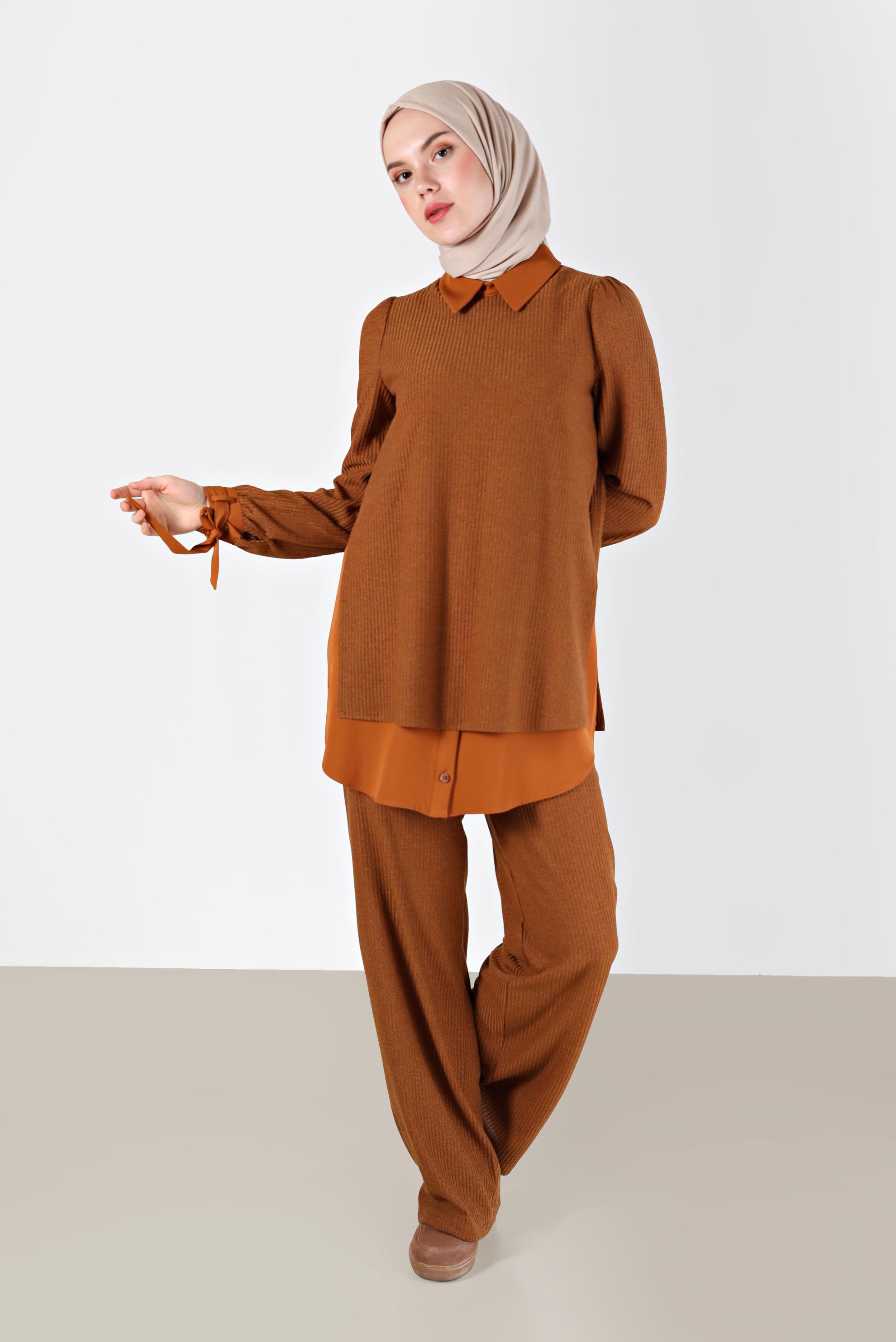Tesettür giyim TABA GÖMLEK PARÇA DETAYLI KAŞKORSE İKİLİ PANT. TAKIM 42363 