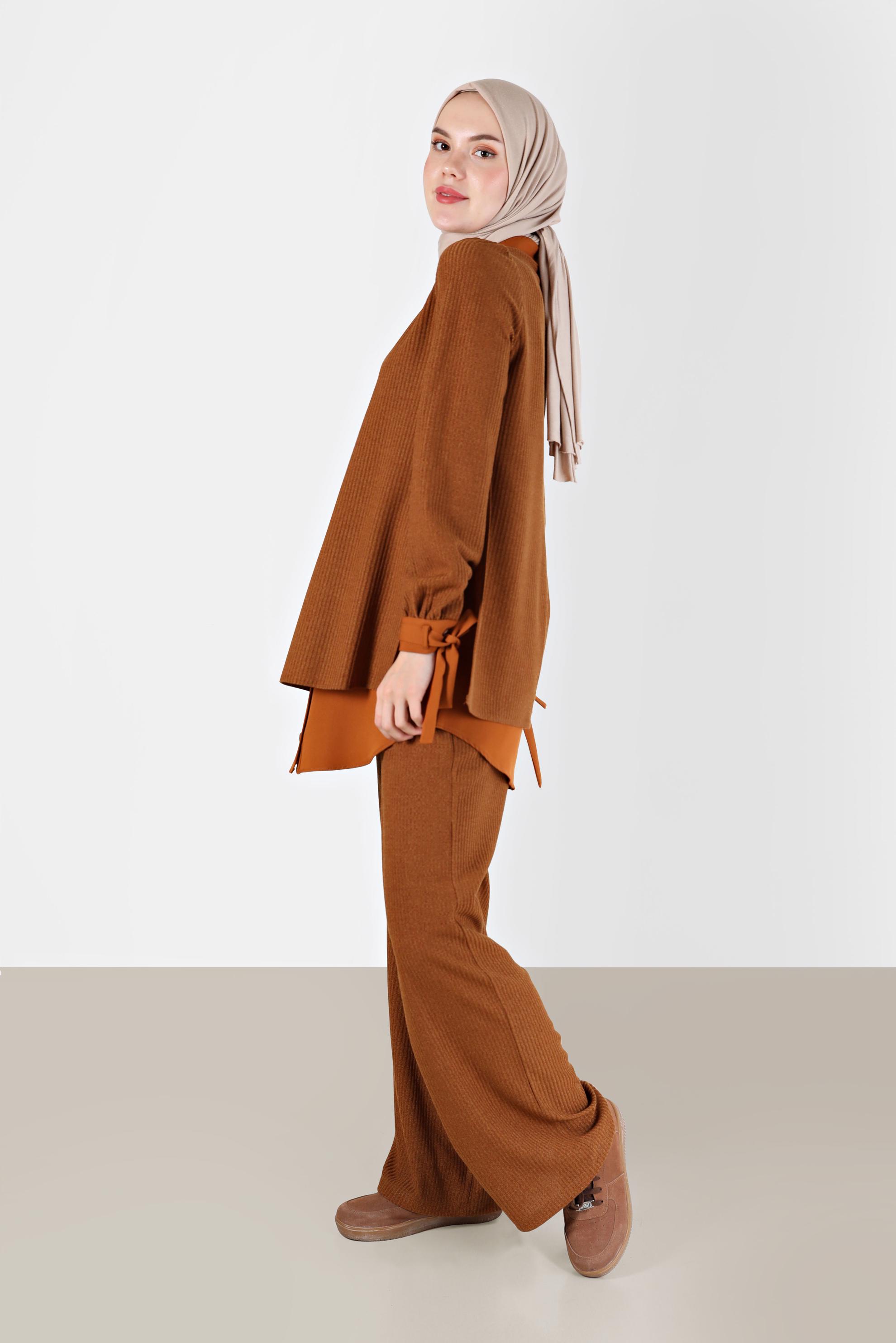 Tesettür giyim TABA GÖMLEK PARÇA DETAYLI KAŞKORSE İKİLİ PANT. TAKIM 42363 