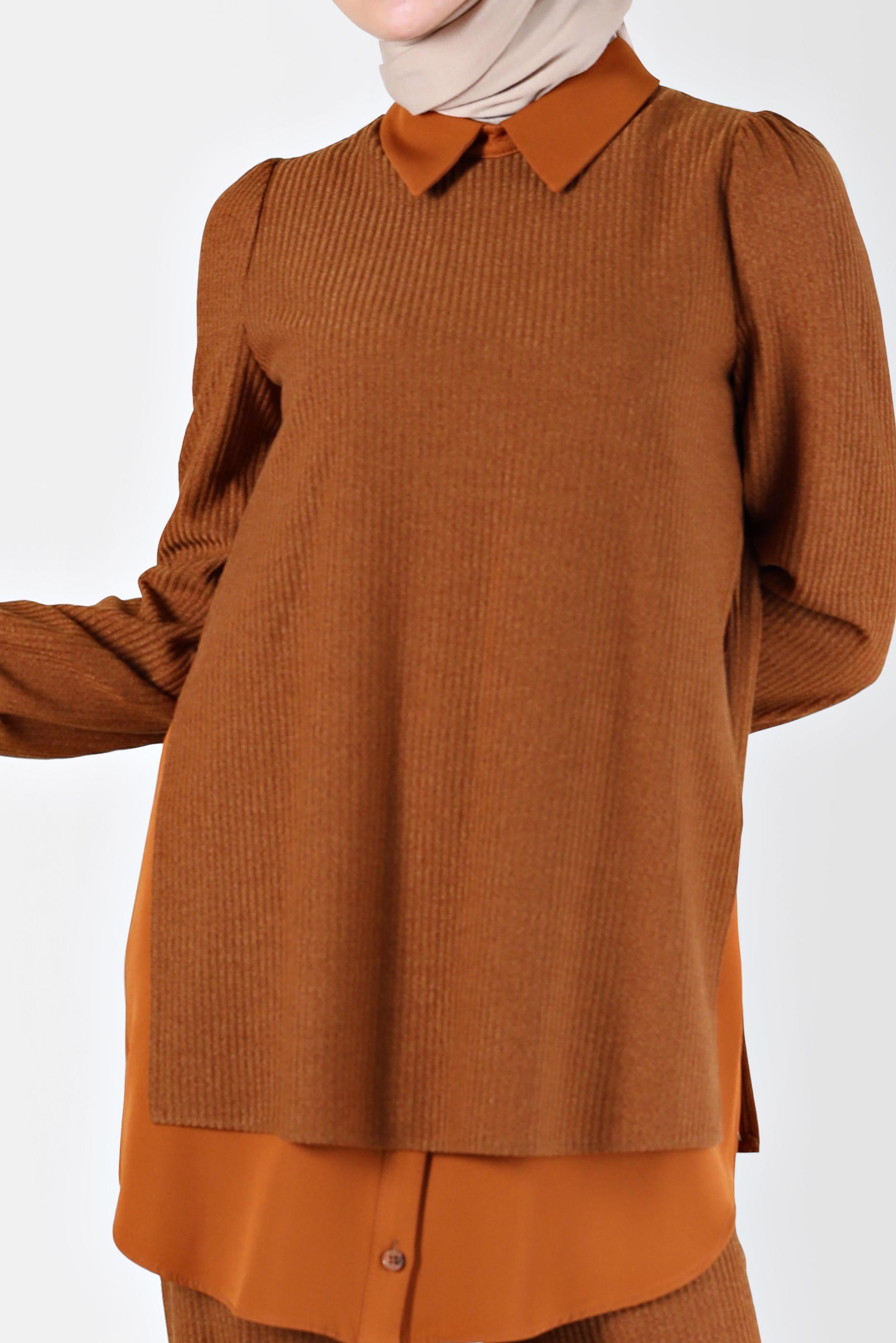 Tesettür giyim TABA GÖMLEK PARÇA DETAYLI KAŞKORSE İKİLİ PANT. TAKIM 42363 