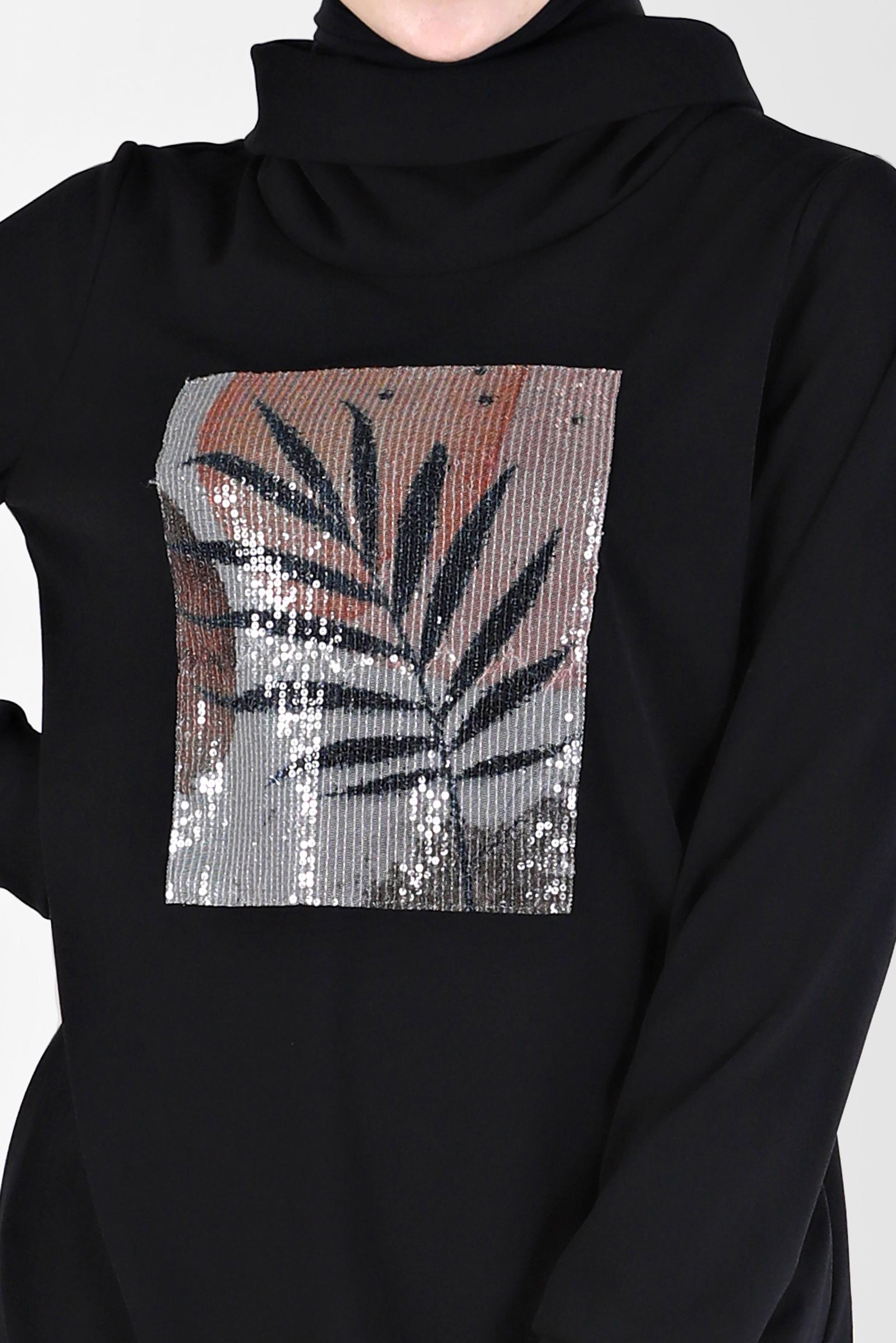 Tesettür giyim SİYAH PUL PAYET DETAYLI DESENLİ DEGAJE YAKA İKİLİ PANT. TAKIM 42369	