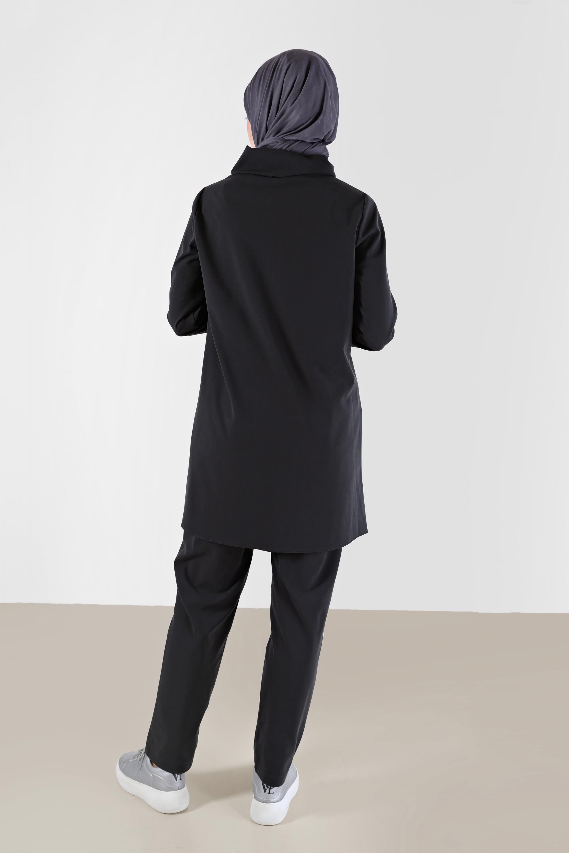 Tesettür giyim GRİ PUL PAYET DETAYLI DESENLİ DEGAJE YAKA İKİLİ PANT. TAKIM 42369	