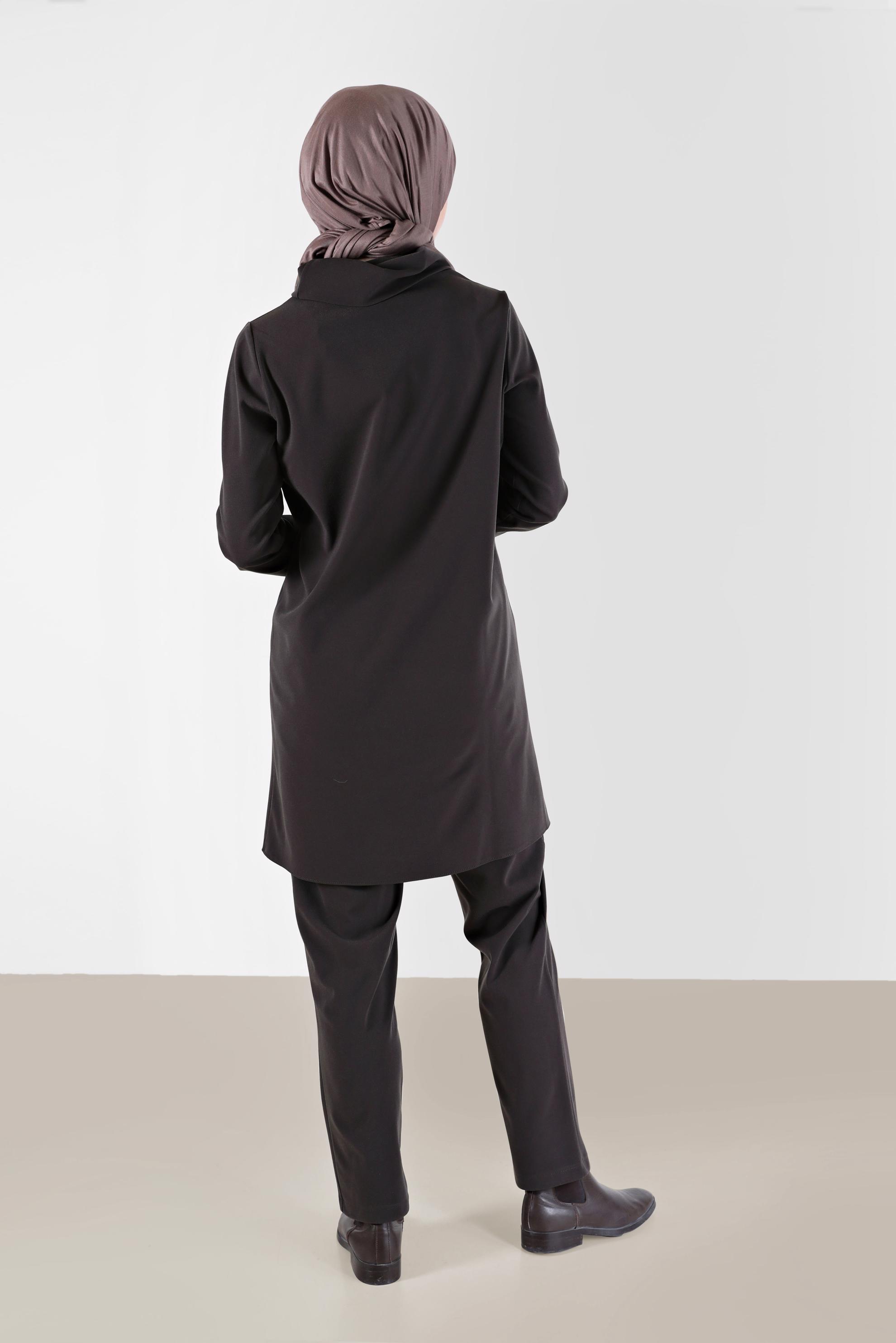 Tesettür giyim KAHVE PUL PAYET DETAYLI DESENLİ DEGAJE YAKA İKİLİ PANT. TAKIM 42369	