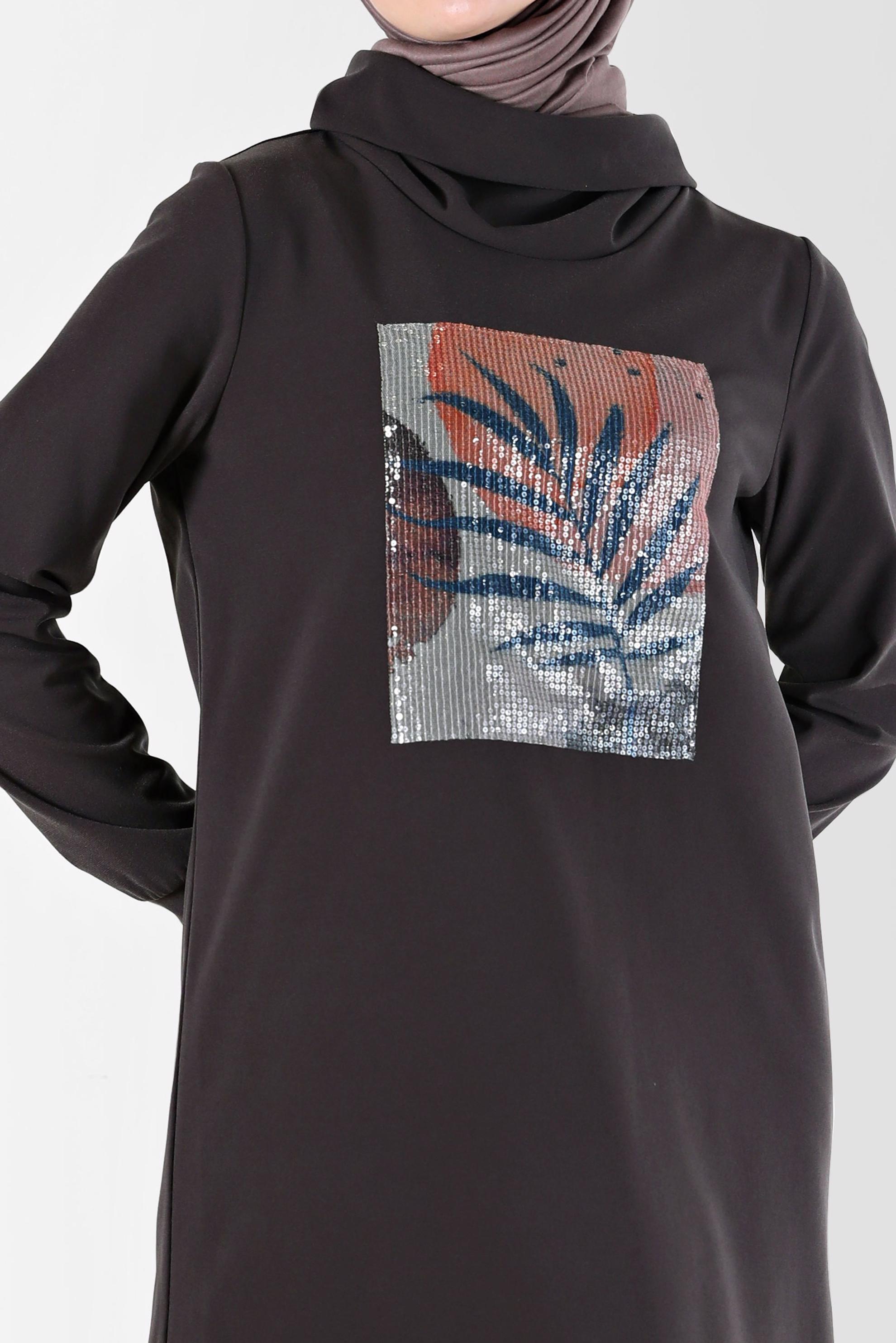 Tesettür giyim KAHVE PUL PAYET DETAYLI DESENLİ DEGAJE YAKA İKİLİ PANT. TAKIM 42369	