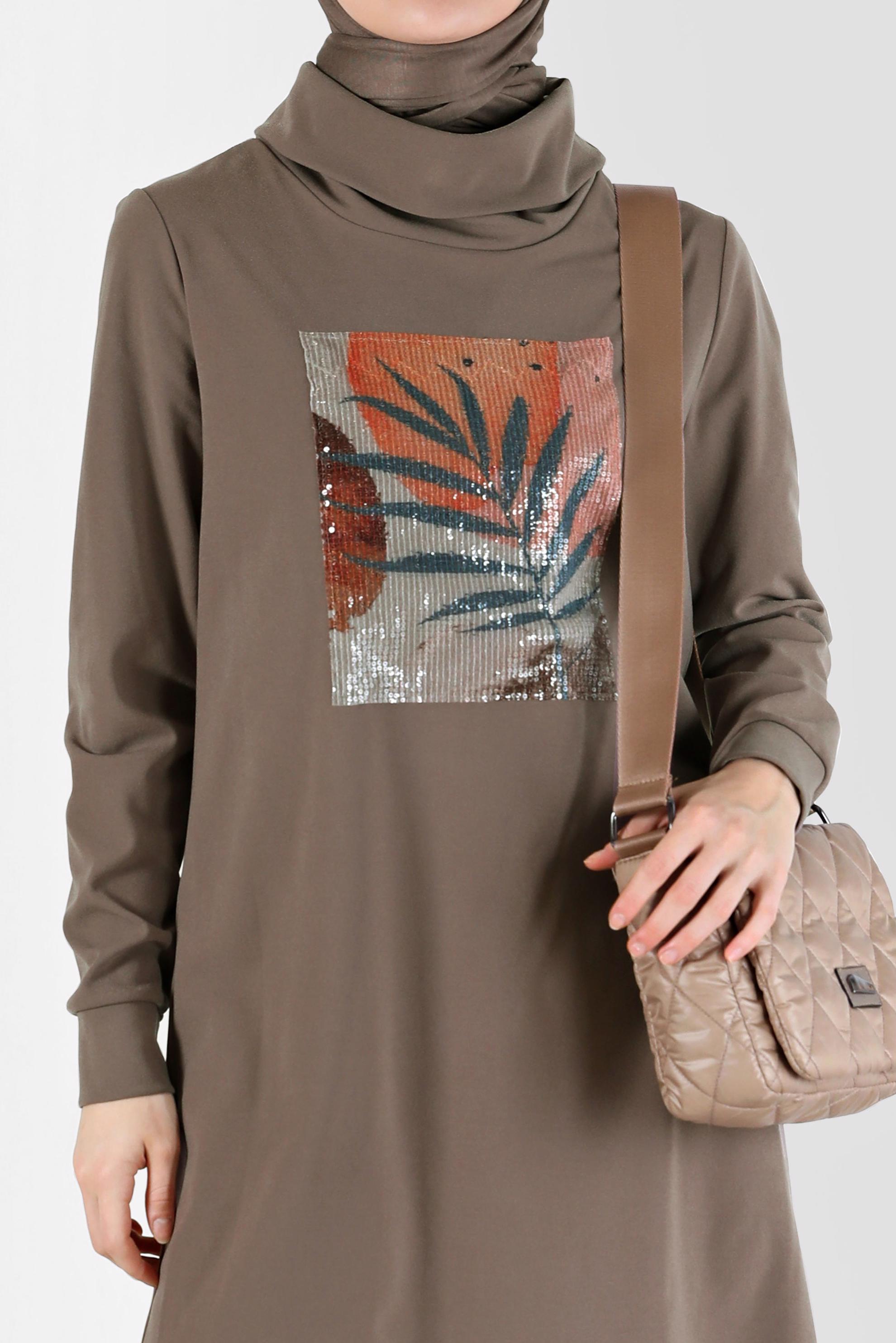 Tesettür giyim VİZON PUL PAYET DETAYLI DESENLİ DEGAJE YAKA İKİLİ PANT. TAKIM 42369	