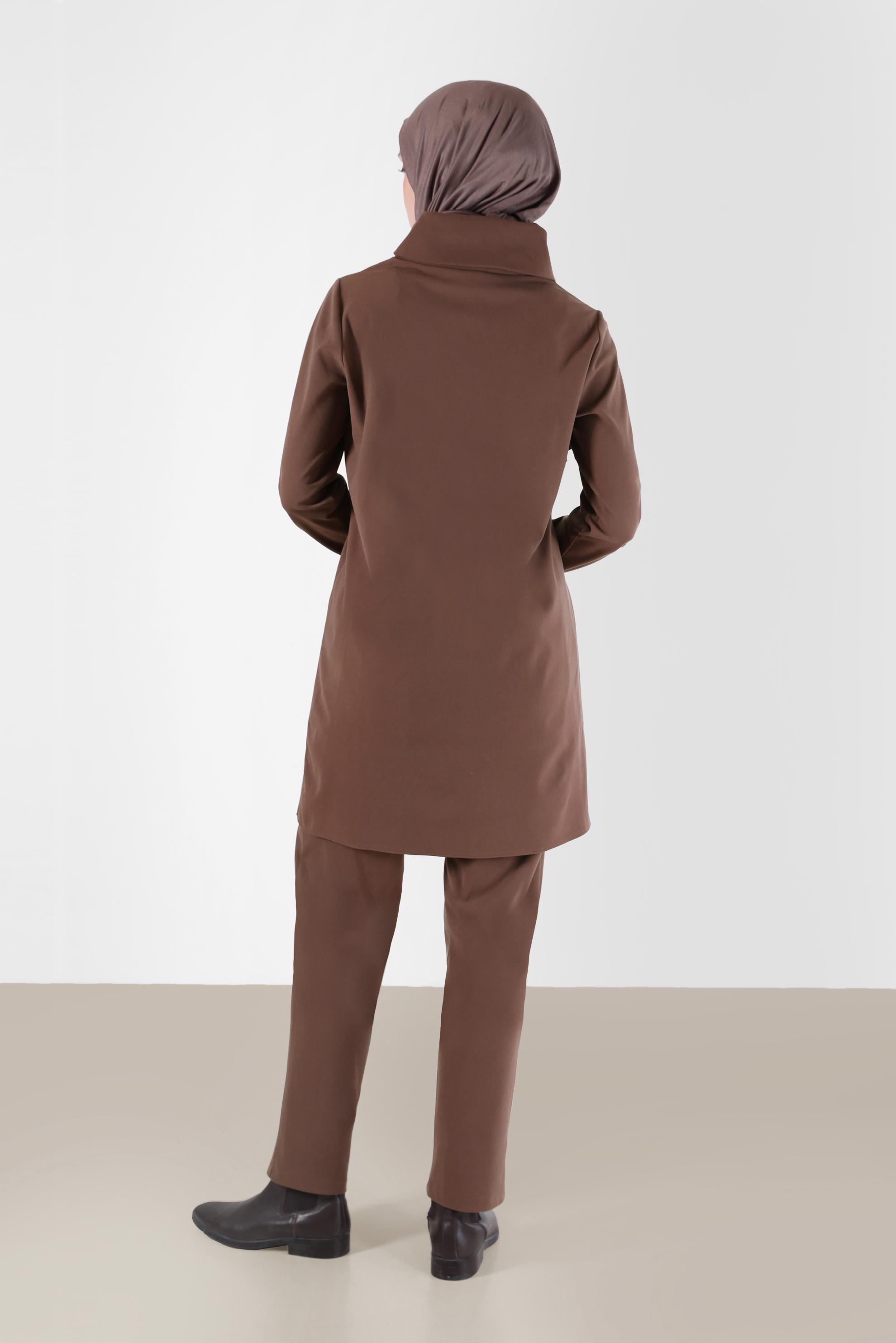 Tesettür giyim KAHVE PUL PAYET DETAYLI DESENLİ DEGAJE YAKA İKİLİ PANT. TAKIM 42369	