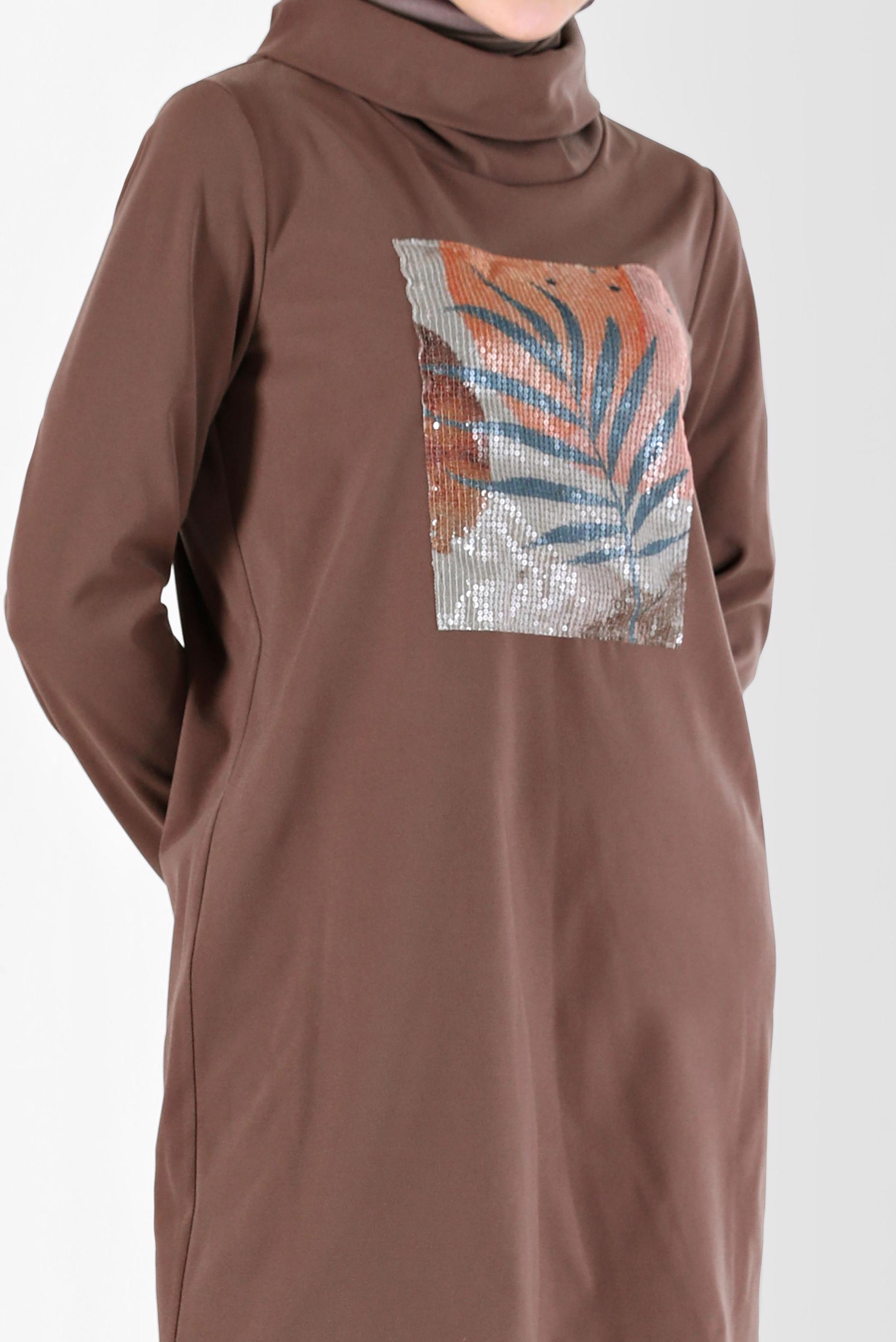 Tesettür giyim KAHVE PUL PAYET DETAYLI DESENLİ DEGAJE YAKA İKİLİ PANT. TAKIM 42369	