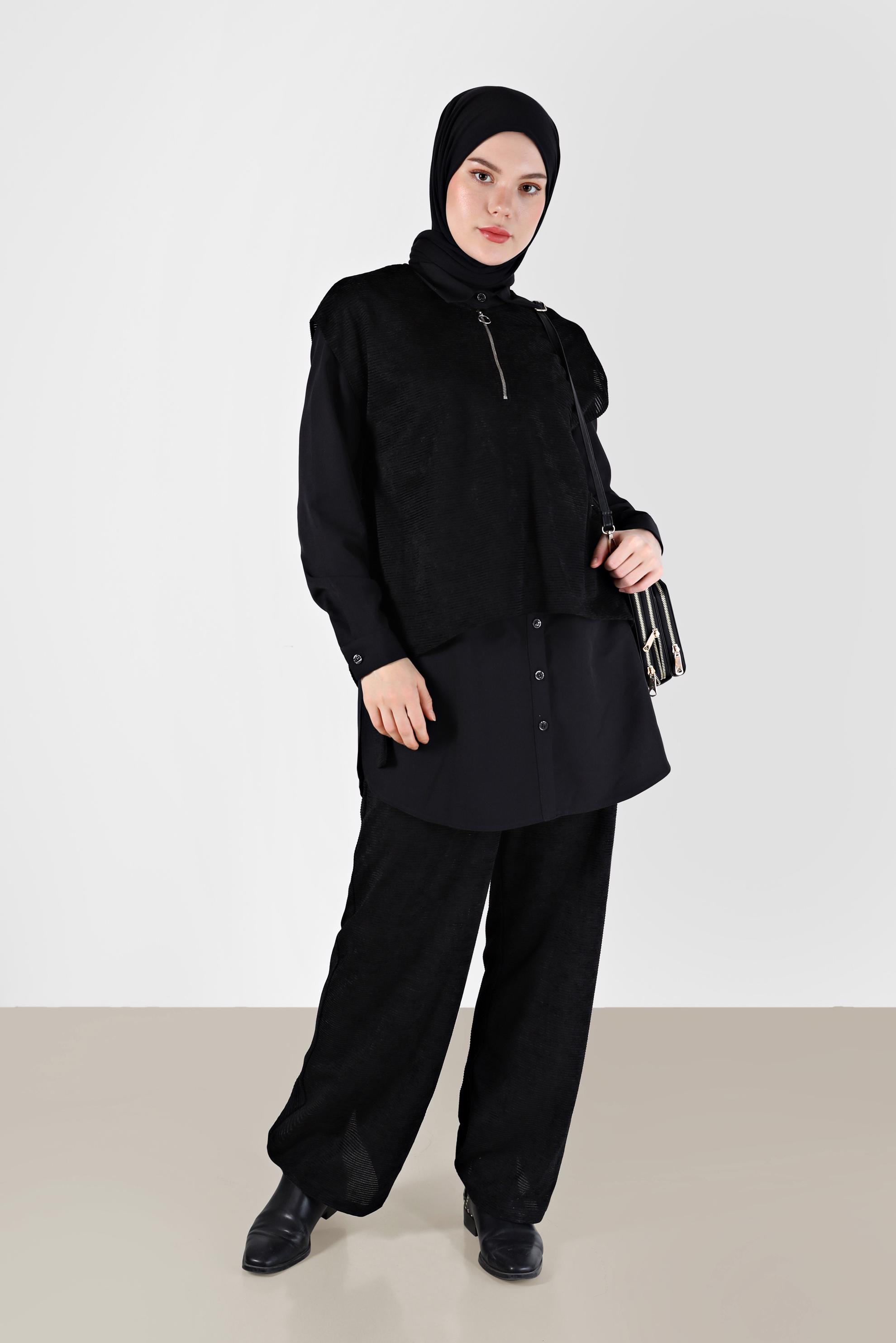 Tesettür giyim SİYAH FERMUAR DETAYLI ŞÖNİL KADİFE ÜÇLÜ PANT. TAKIM 42380 
