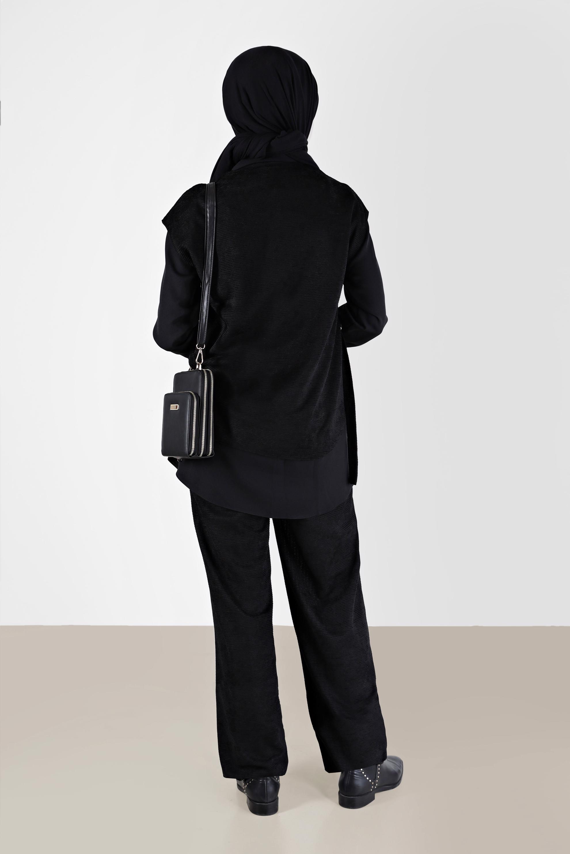 Tesettür giyim SİYAH FERMUAR DETAYLI ŞÖNİL KADİFE ÜÇLÜ PANT. TAKIM 42380 