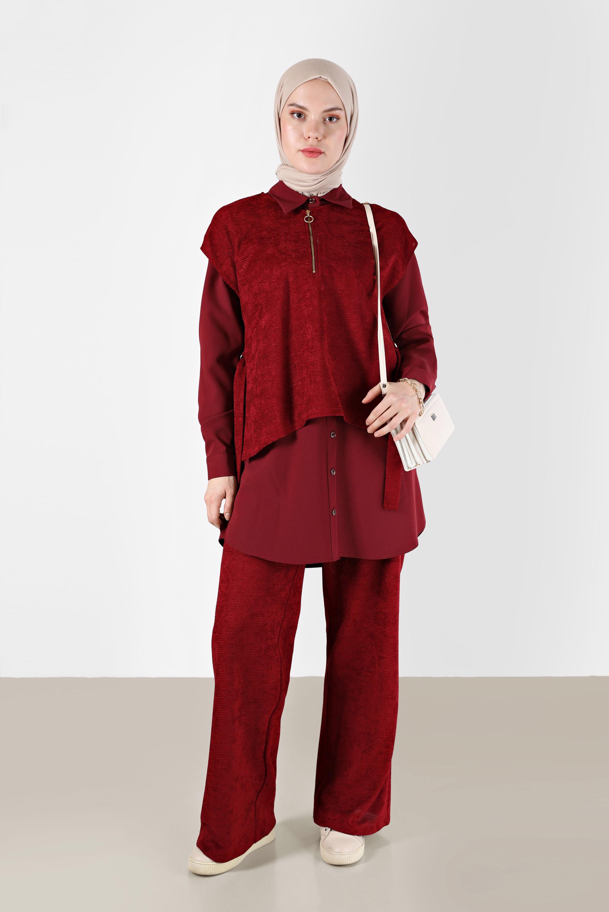 Tesettür giyim BORDO FERMUAR DETAYLI ŞÖNİL KADİFE ÜÇLÜ PANT. TAKIM 42380 