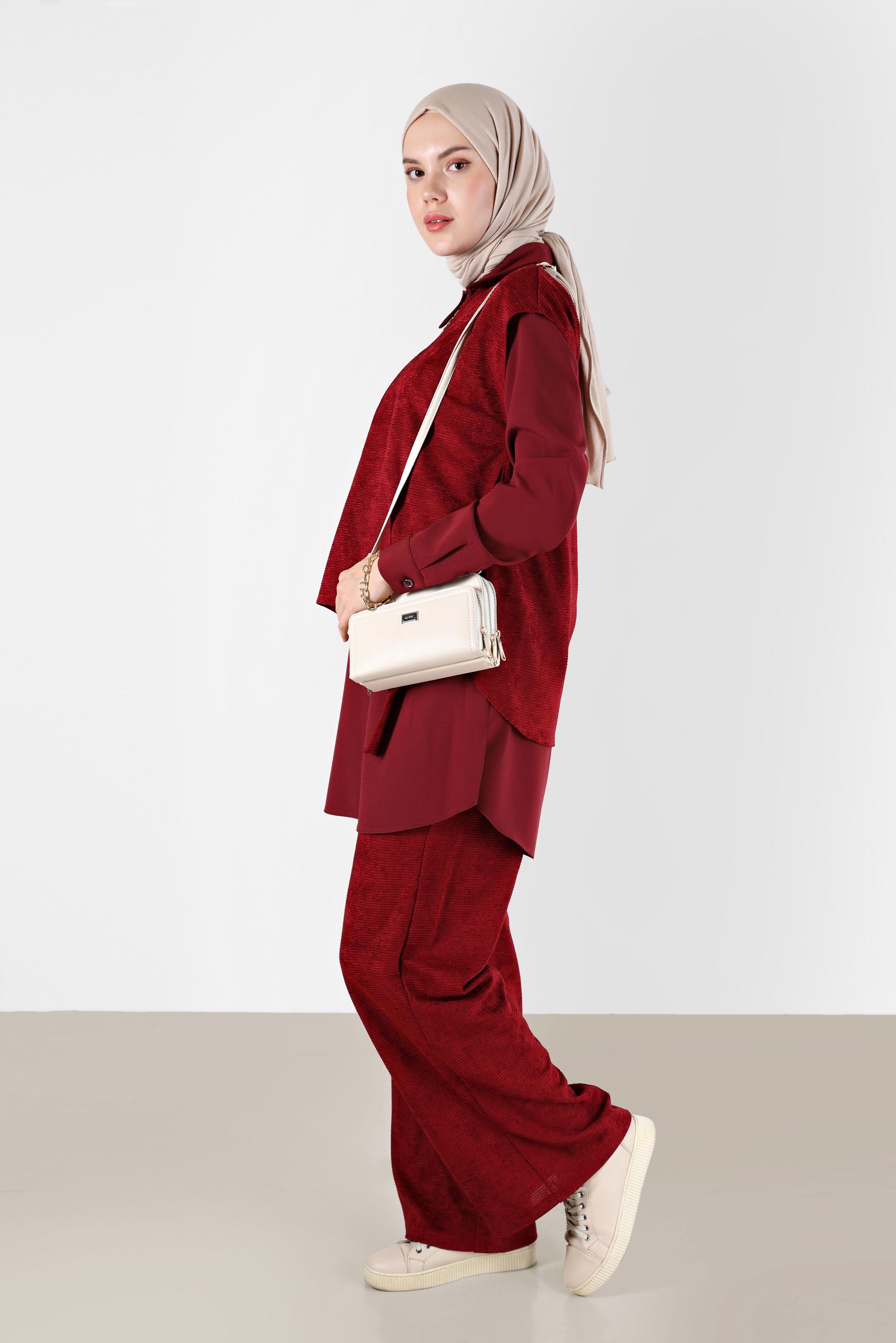 Tesettür giyim BORDO FERMUAR DETAYLI ŞÖNİL KADİFE ÜÇLÜ PANT. TAKIM 42380 
