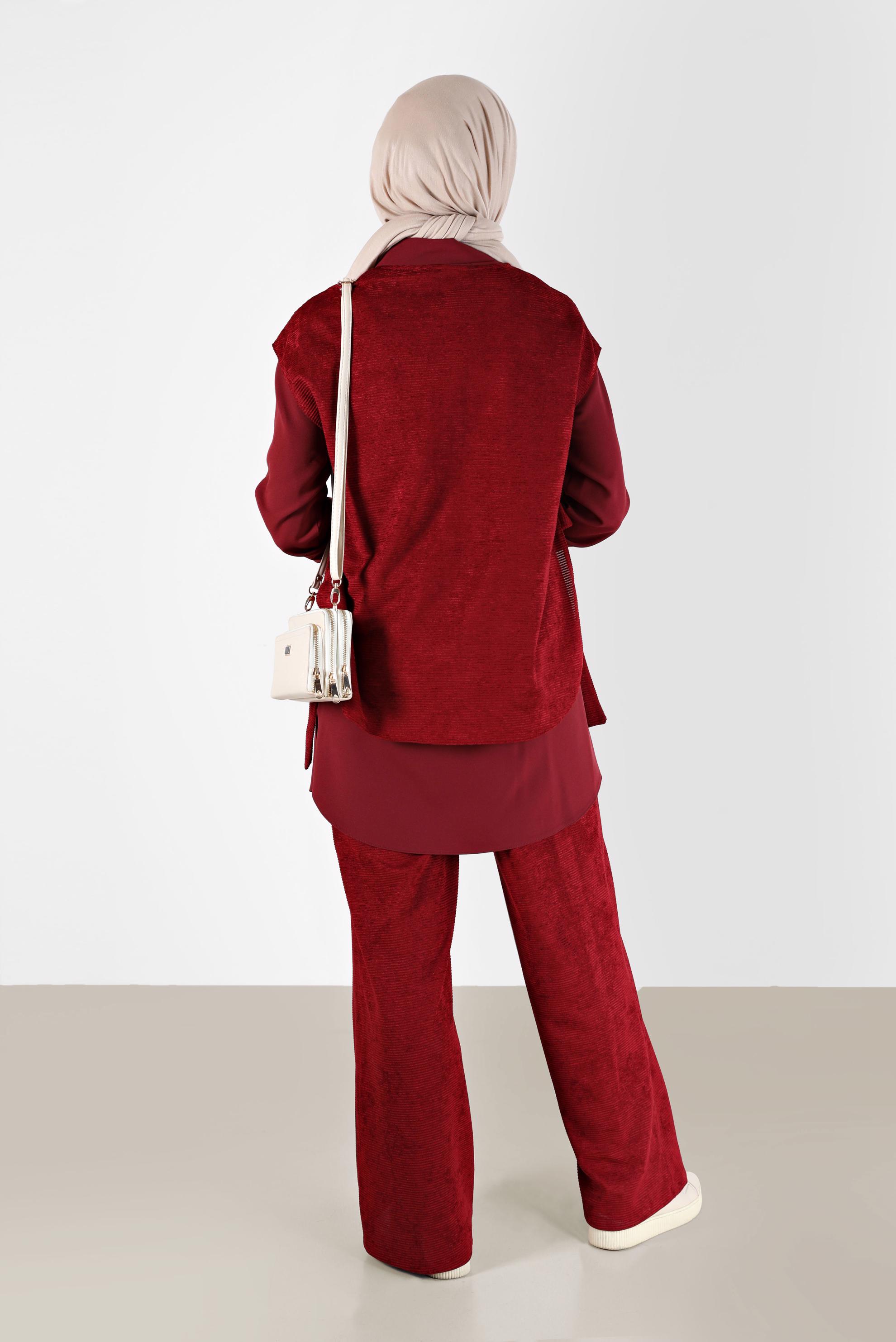 Tesettür giyim BORDO FERMUAR DETAYLI ŞÖNİL KADİFE ÜÇLÜ PANT. TAKIM 42380 