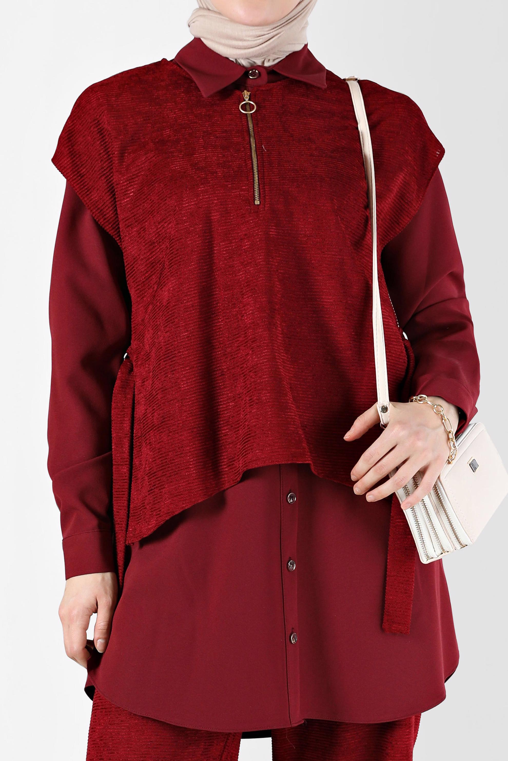 Tesettür giyim BORDO FERMUAR DETAYLI ŞÖNİL KADİFE ÜÇLÜ PANT. TAKIM 42380 