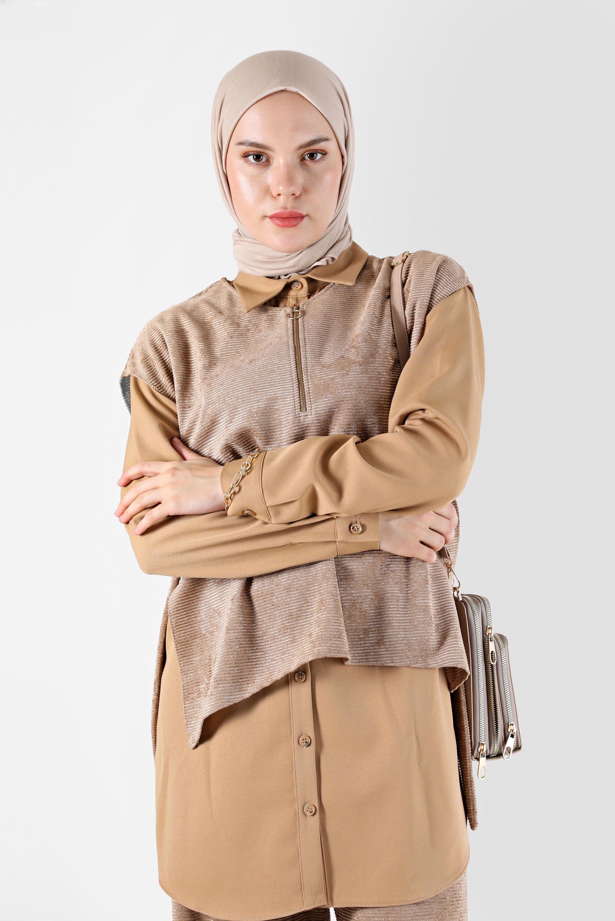 Tesettür giyim KAHVE FERMUAR DETAYLI ŞÖNİL KADİFE ÜÇLÜ PANT. TAKIM 42380 