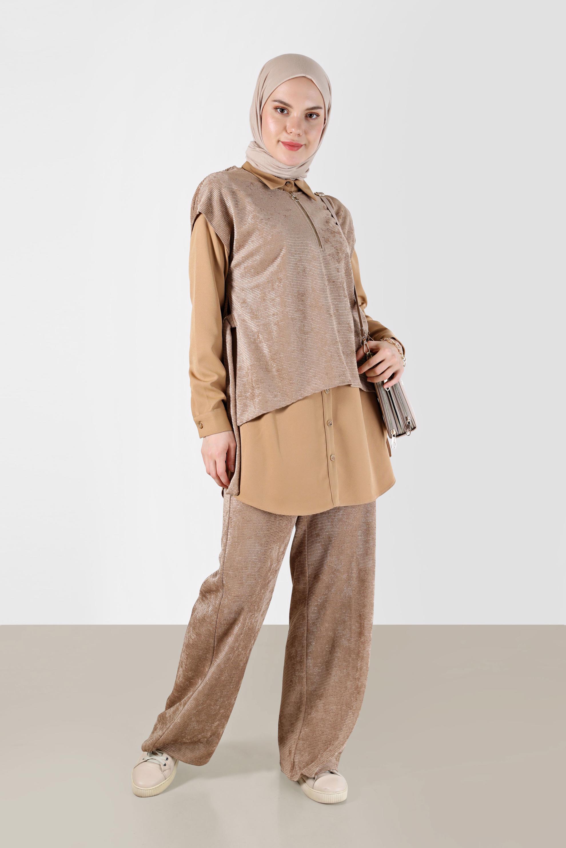 Tesettür giyim KAHVE FERMUAR DETAYLI ŞÖNİL KADİFE ÜÇLÜ PANT. TAKIM 42380 