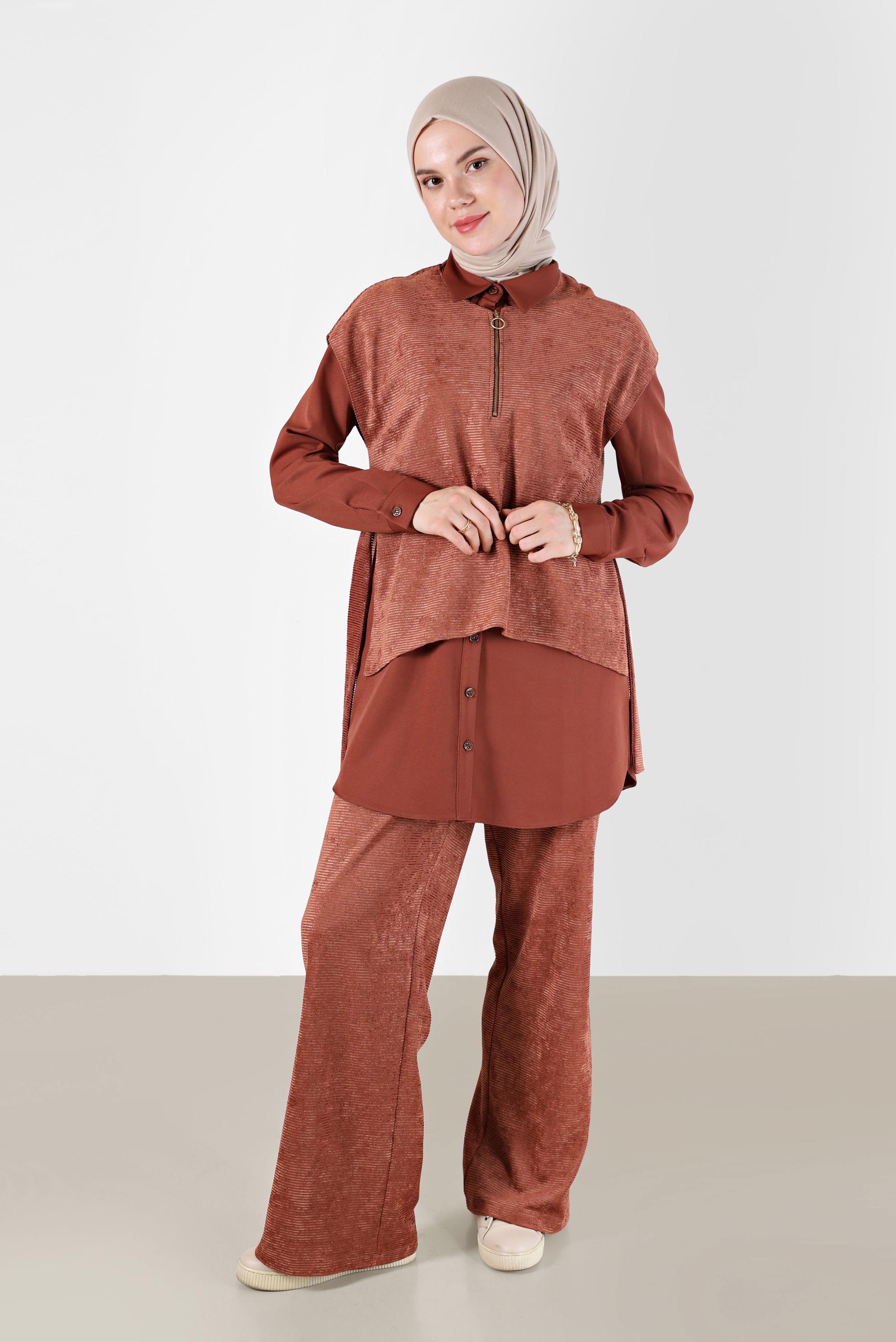 Tesettür giyim TURUNCU FERMUAR DETAYLI ŞÖNİL KADİFE ÜÇLÜ PANT. TAKIM 42380 