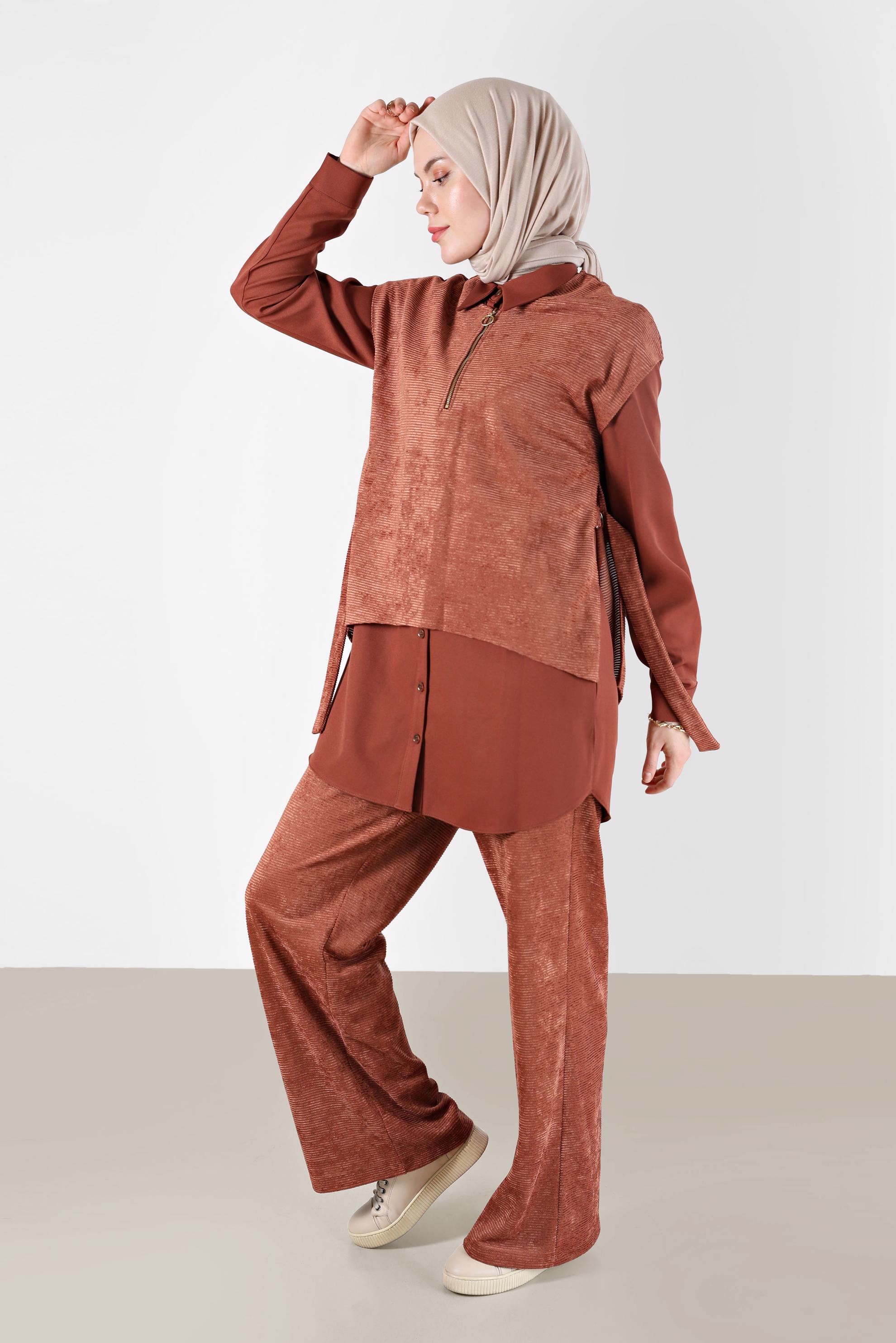 Tesettür giyim TURUNCU FERMUAR DETAYLI ŞÖNİL KADİFE ÜÇLÜ PANT. TAKIM 42380 