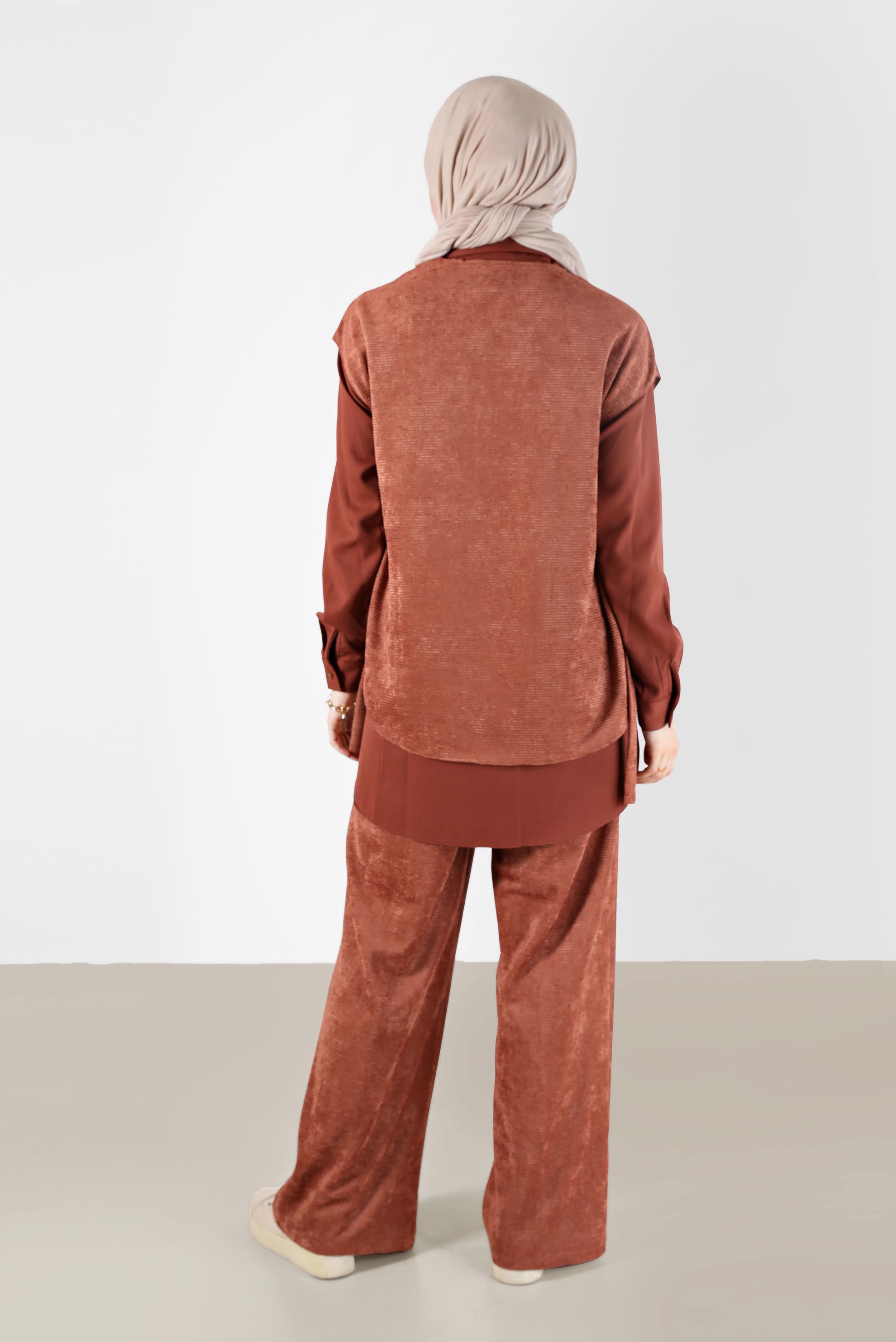 Tesettür giyim TURUNCU FERMUAR DETAYLI ŞÖNİL KADİFE ÜÇLÜ PANT. TAKIM 42380 