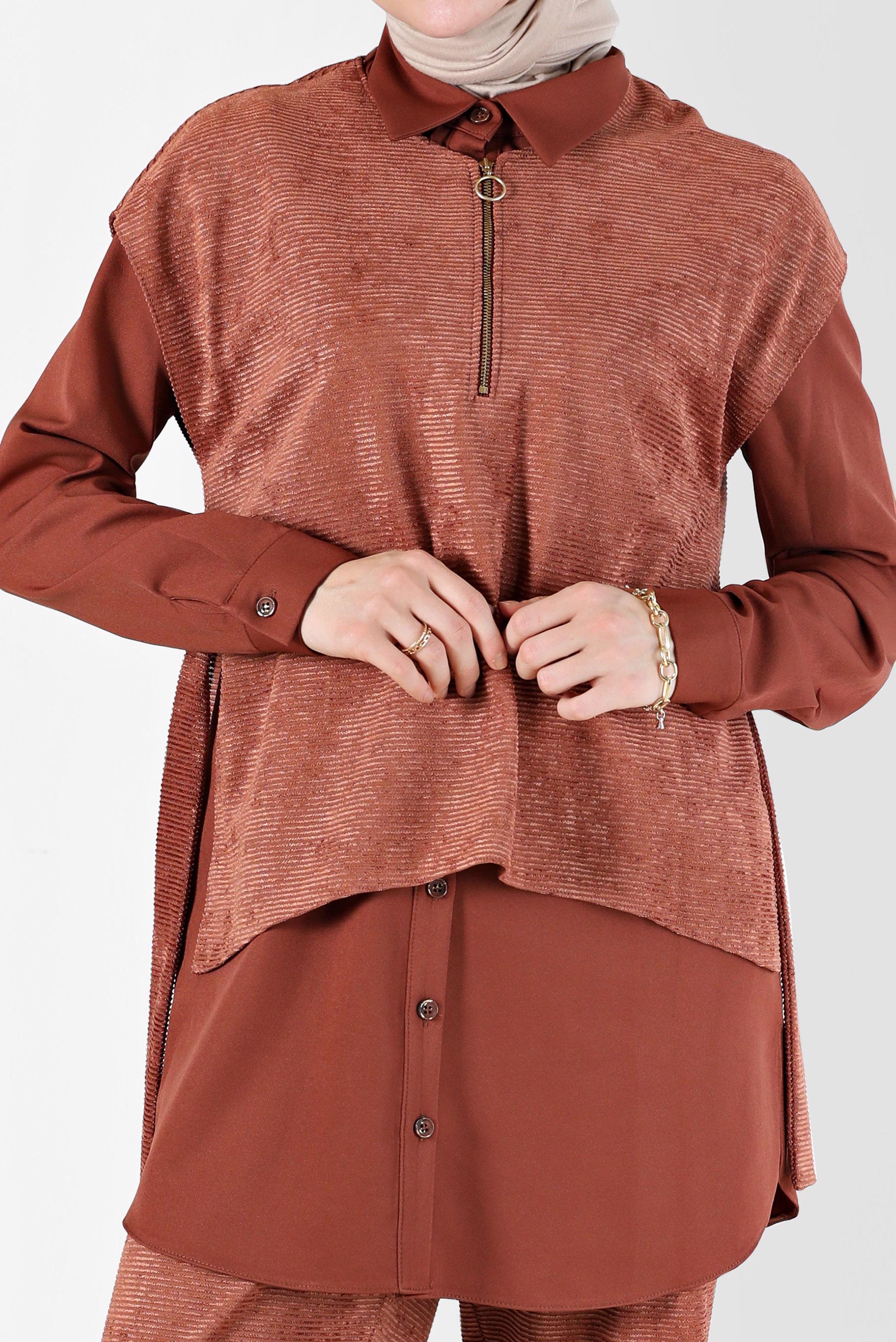 Tesettür giyim TURUNCU FERMUAR DETAYLI ŞÖNİL KADİFE ÜÇLÜ PANT. TAKIM 42380 