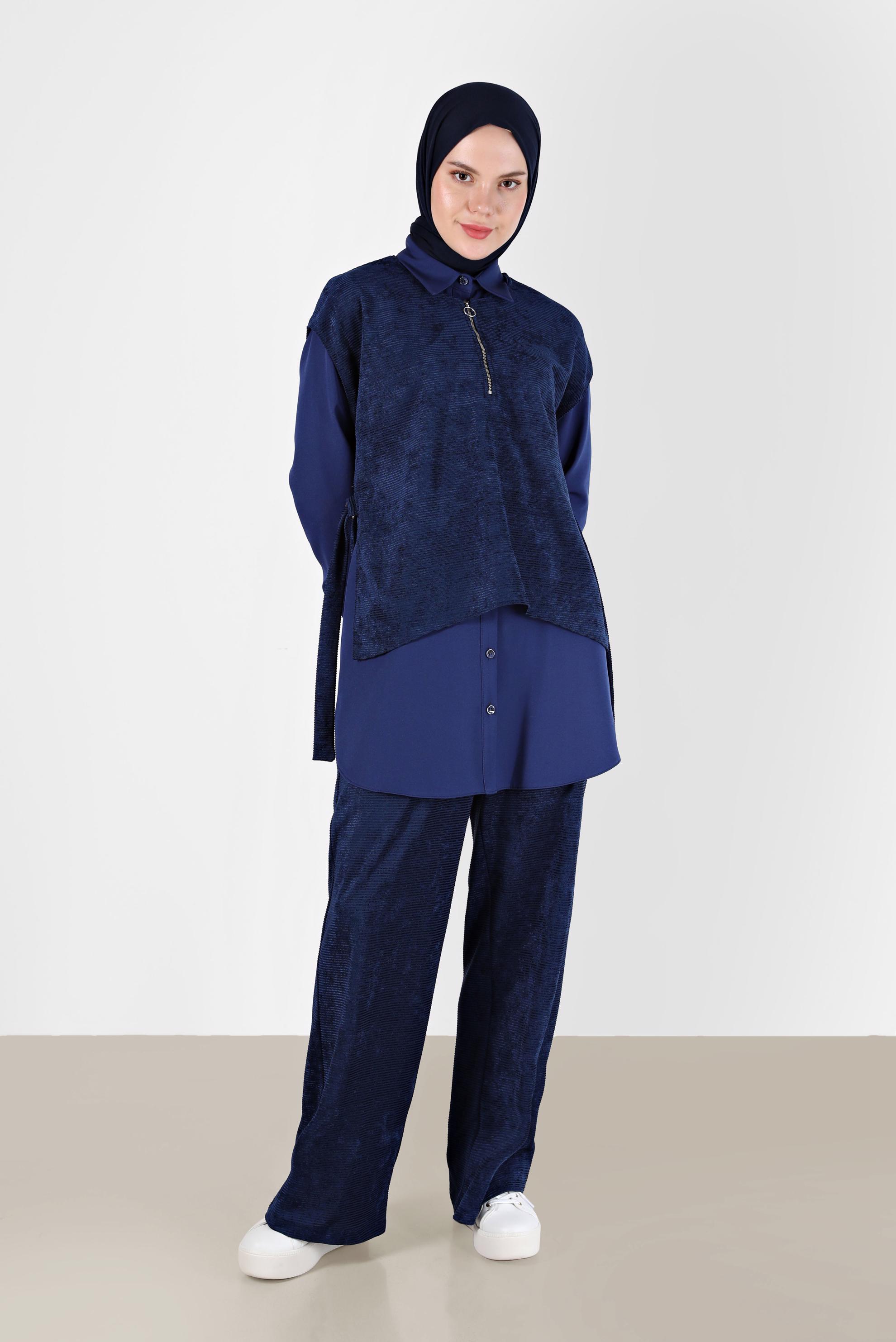 Tesettür giyim LACİVERT FERMUAR DETAYLI ŞÖNİL KADİFE ÜÇLÜ PANT. TAKIM 42380 