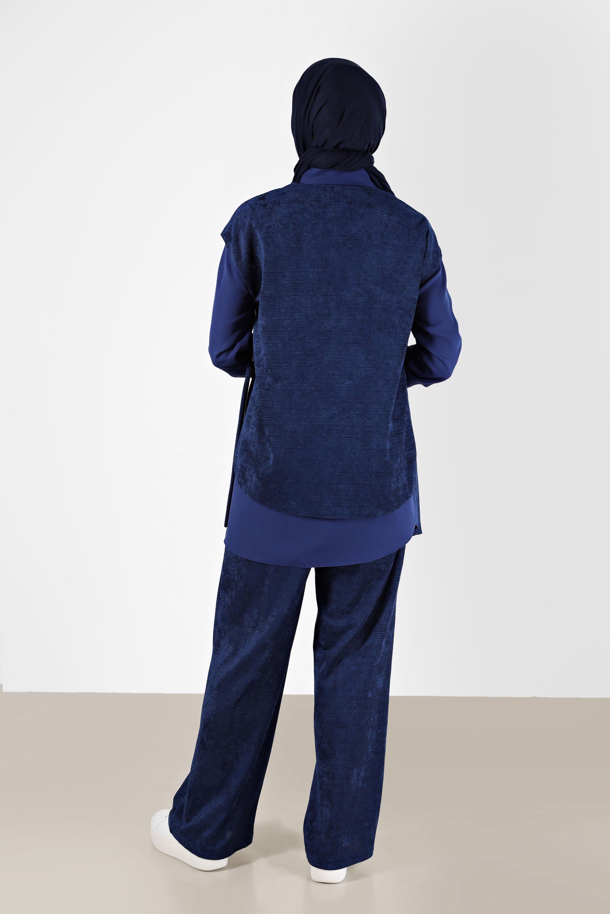 Tesettür giyim LACİVERT FERMUAR DETAYLI ŞÖNİL KADİFE ÜÇLÜ PANT. TAKIM 42380 