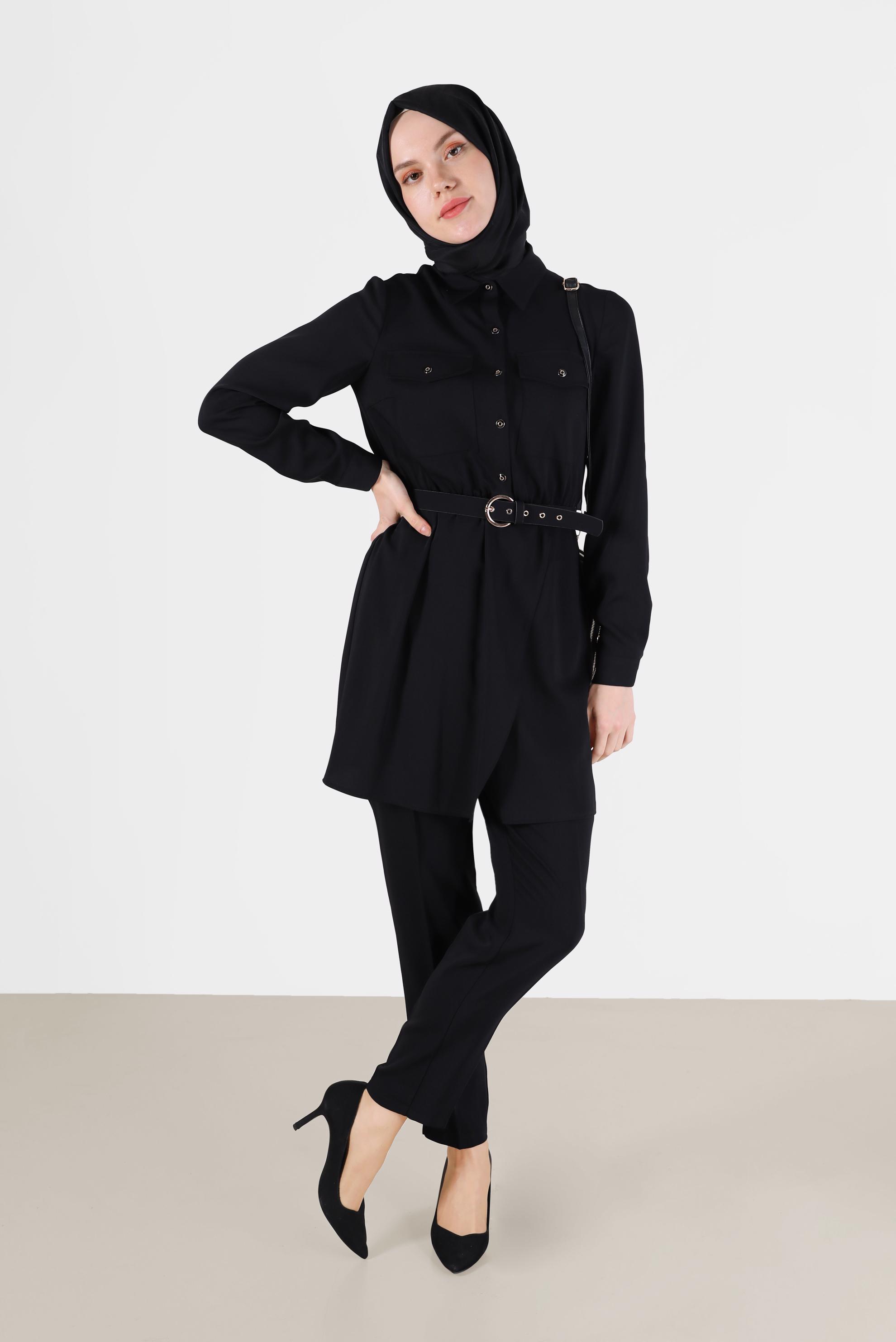 Tesettür giyim SİYAH BELİ KUŞAKLI CEP DETAYLI İKİLİ PANT. TAKIM 42388 