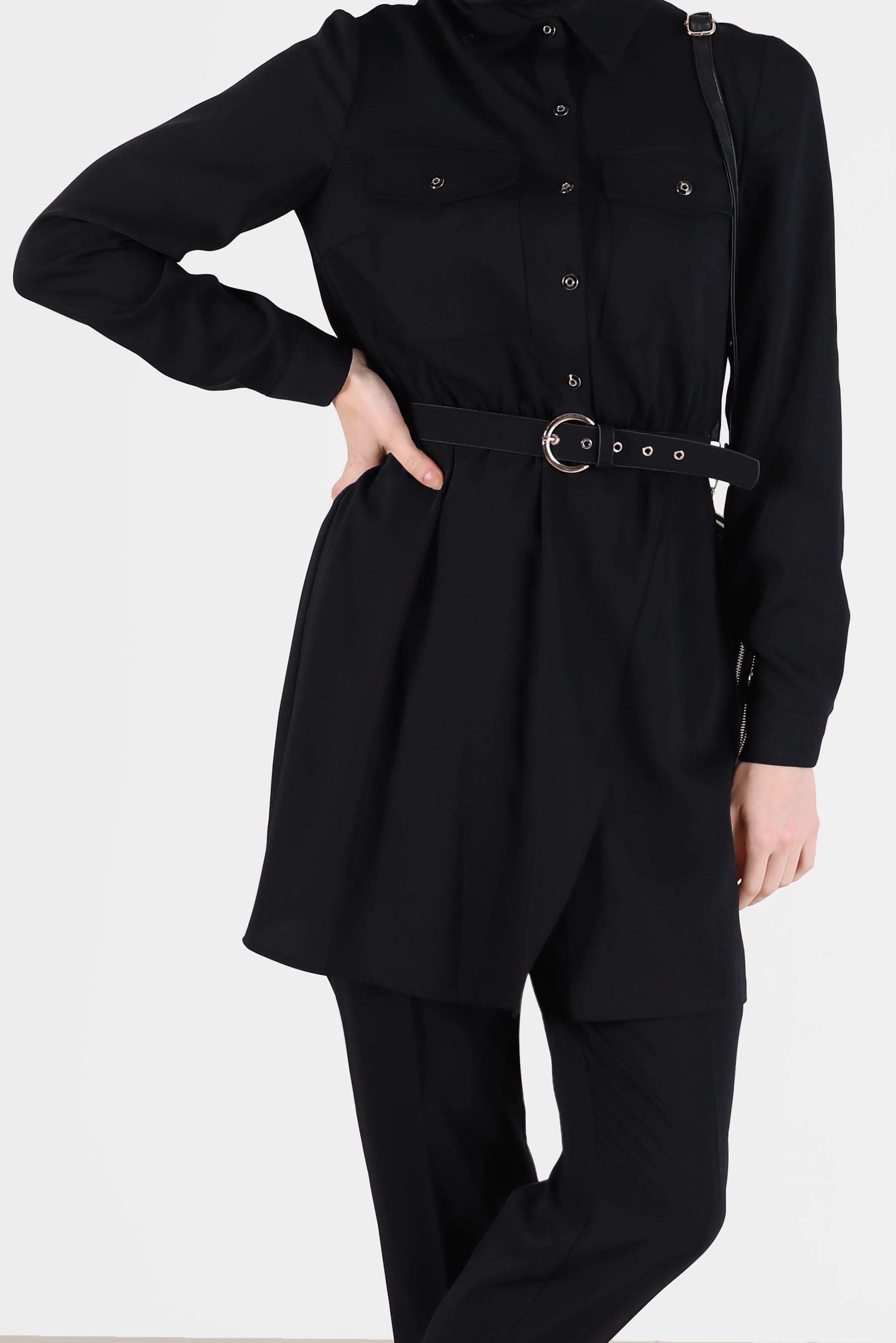 Tesettür giyim SİYAH BELİ KUŞAKLI CEP DETAYLI İKİLİ PANT. TAKIM 42388 