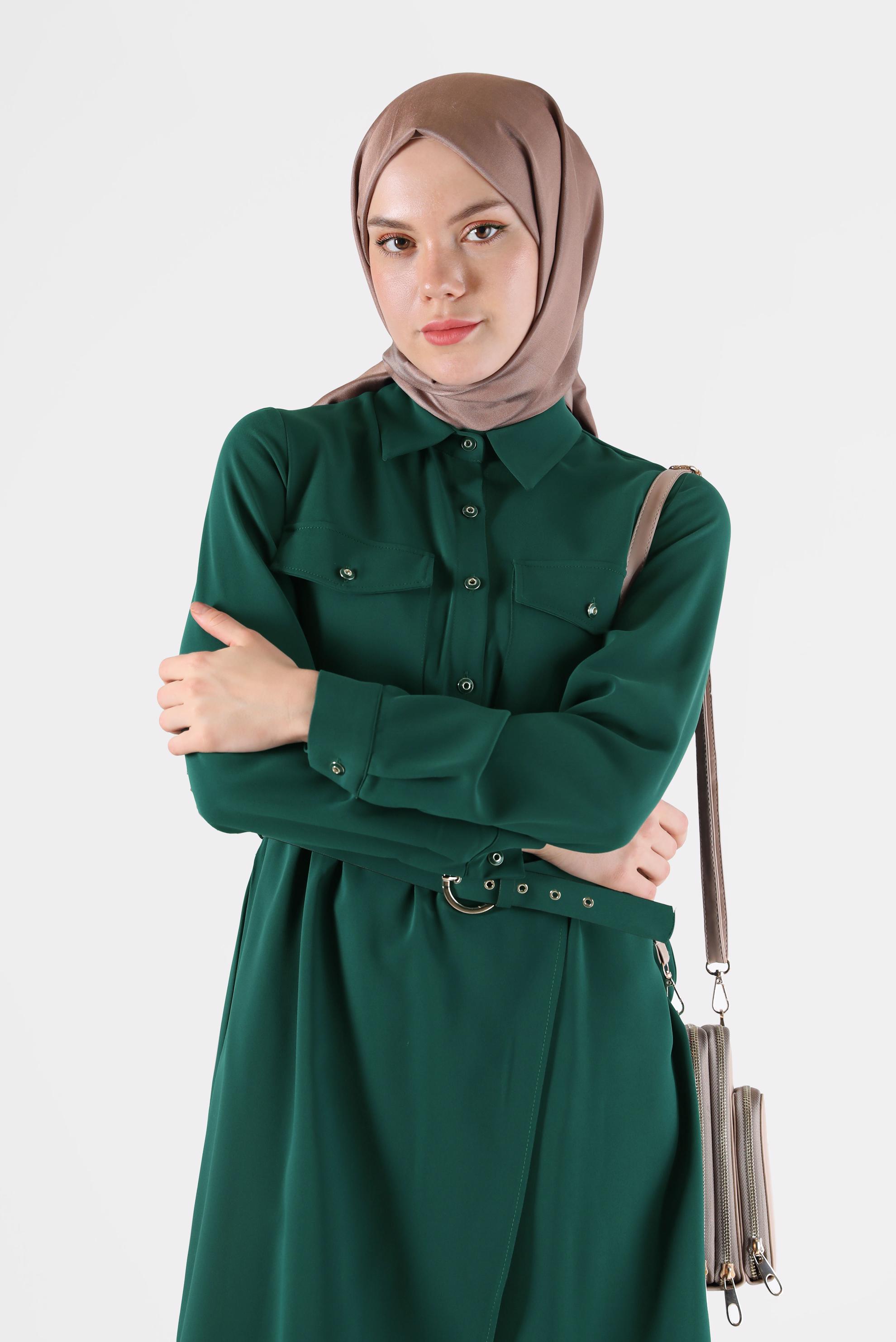 Tesettür giyim YEŞİL BELİ KUŞAKLI CEP DETAYLI İKİLİ PANT. TAKIM 42388 