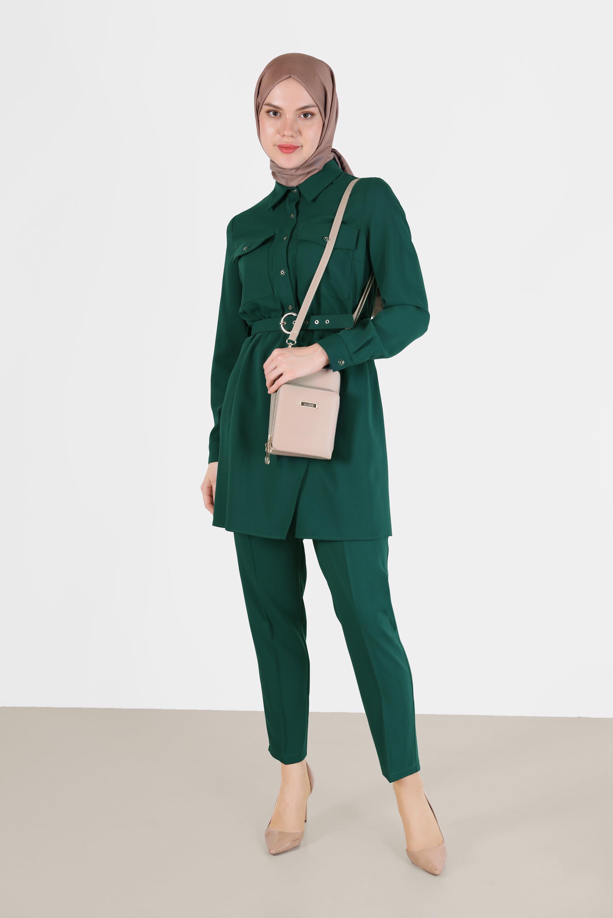 Tesettür giyim YEŞİL BELİ KUŞAKLI CEP DETAYLI İKİLİ PANT. TAKIM 42388 