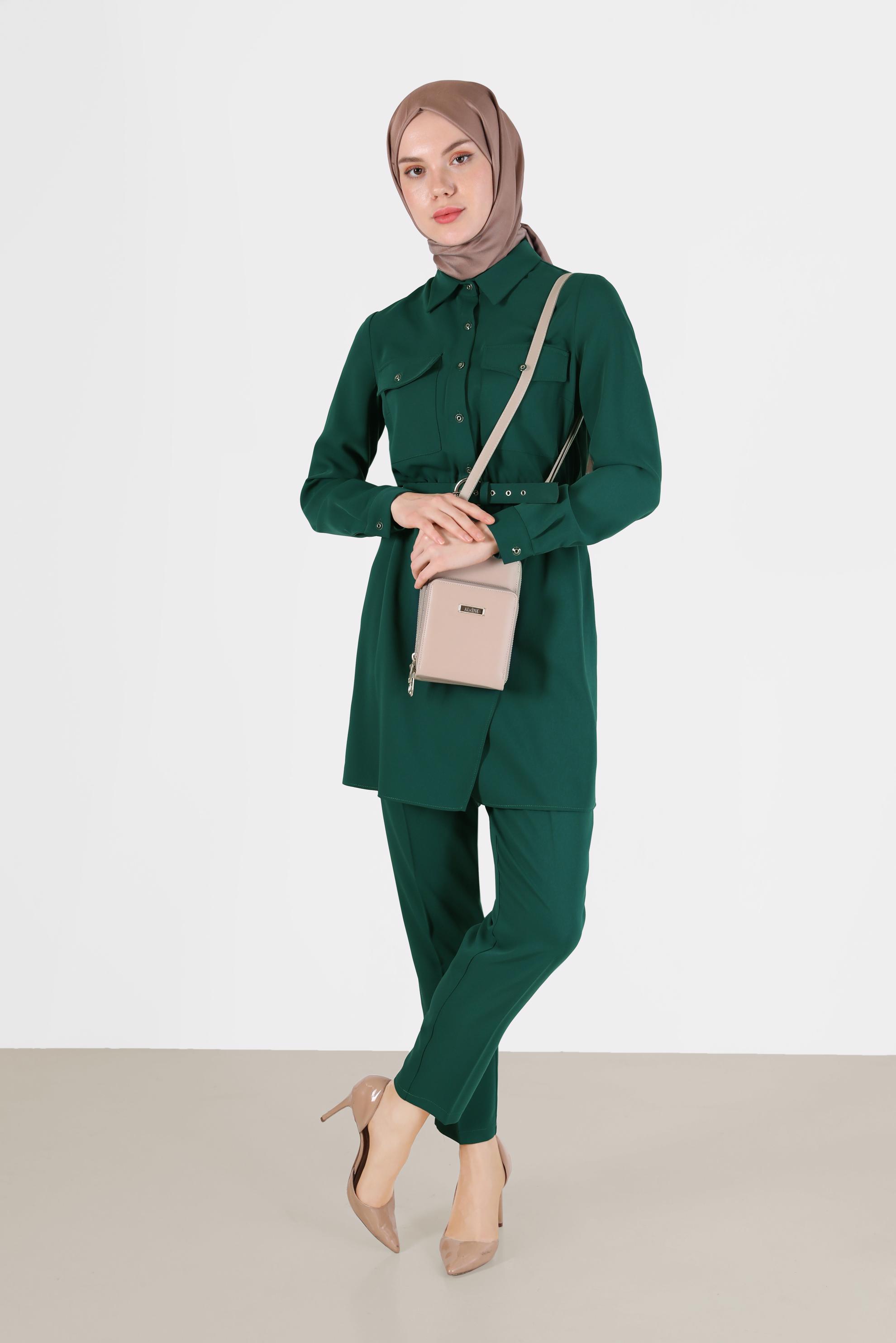 Tesettür giyim YEŞİL BELİ KUŞAKLI CEP DETAYLI İKİLİ PANT. TAKIM 42388 