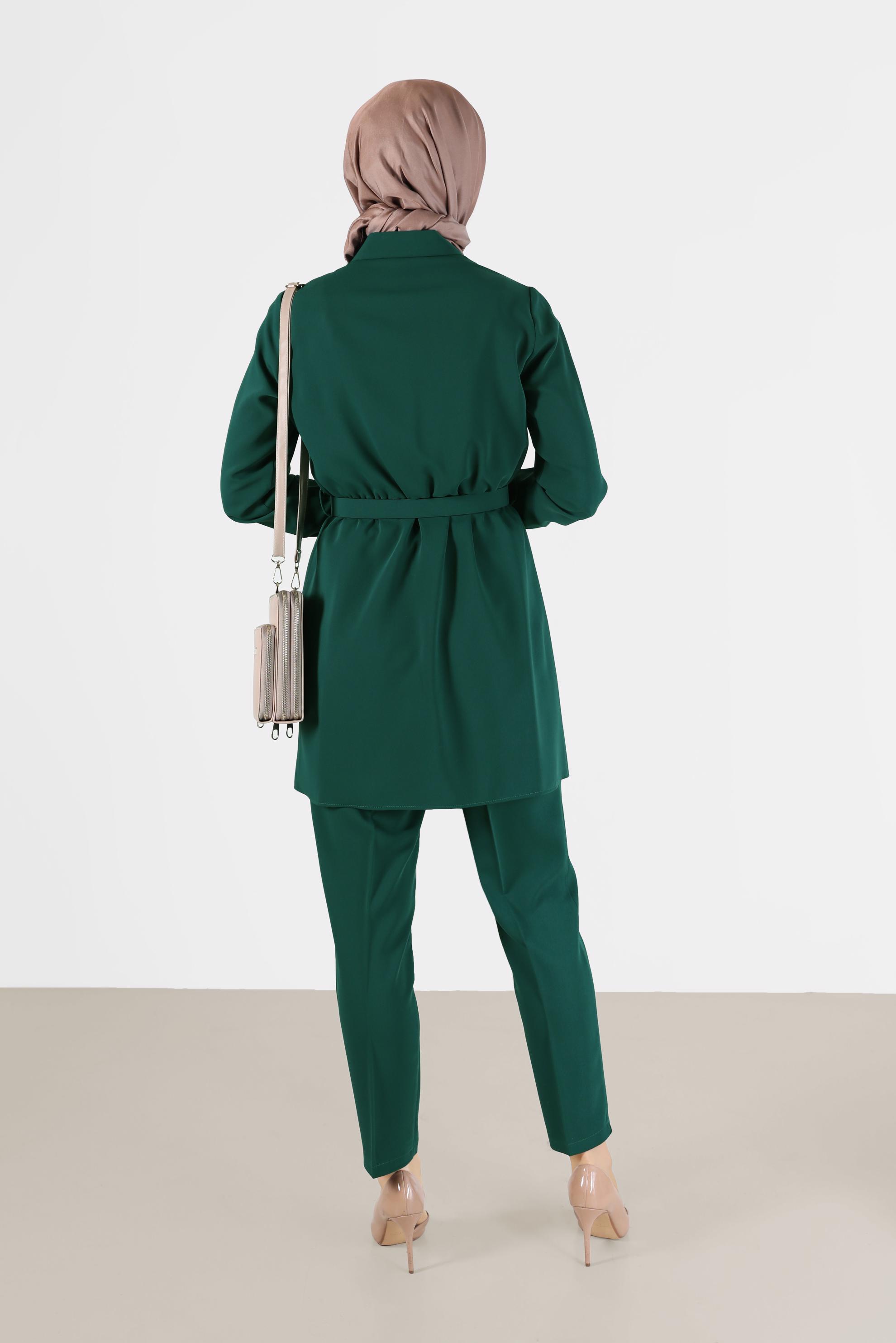 Tesettür giyim YEŞİL BELİ KUŞAKLI CEP DETAYLI İKİLİ PANT. TAKIM 42388 
