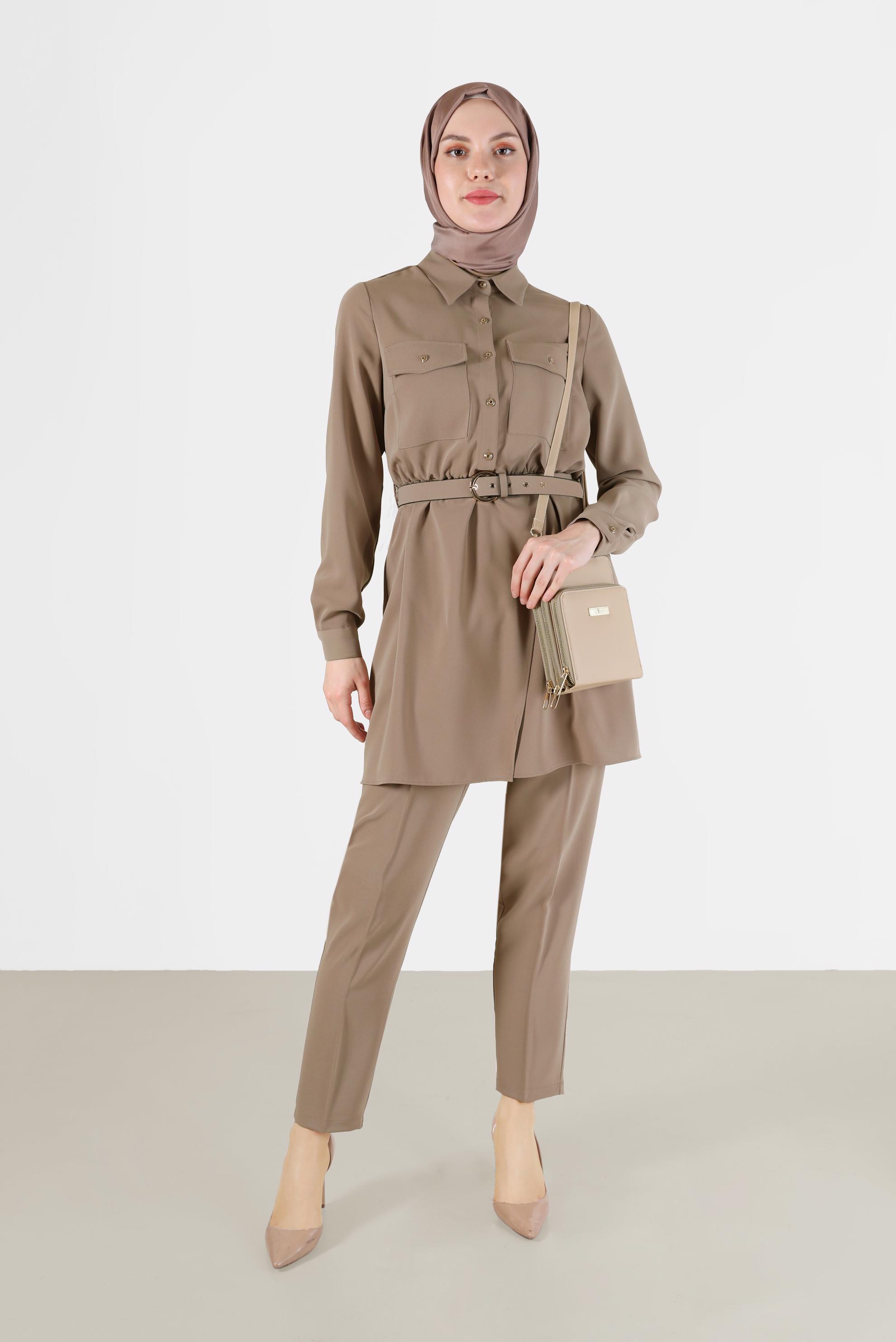 Tesettür giyim KAHVE BELİ KUŞAKLI CEP DETAYLI İKİLİ PANT. TAKIM 42388 