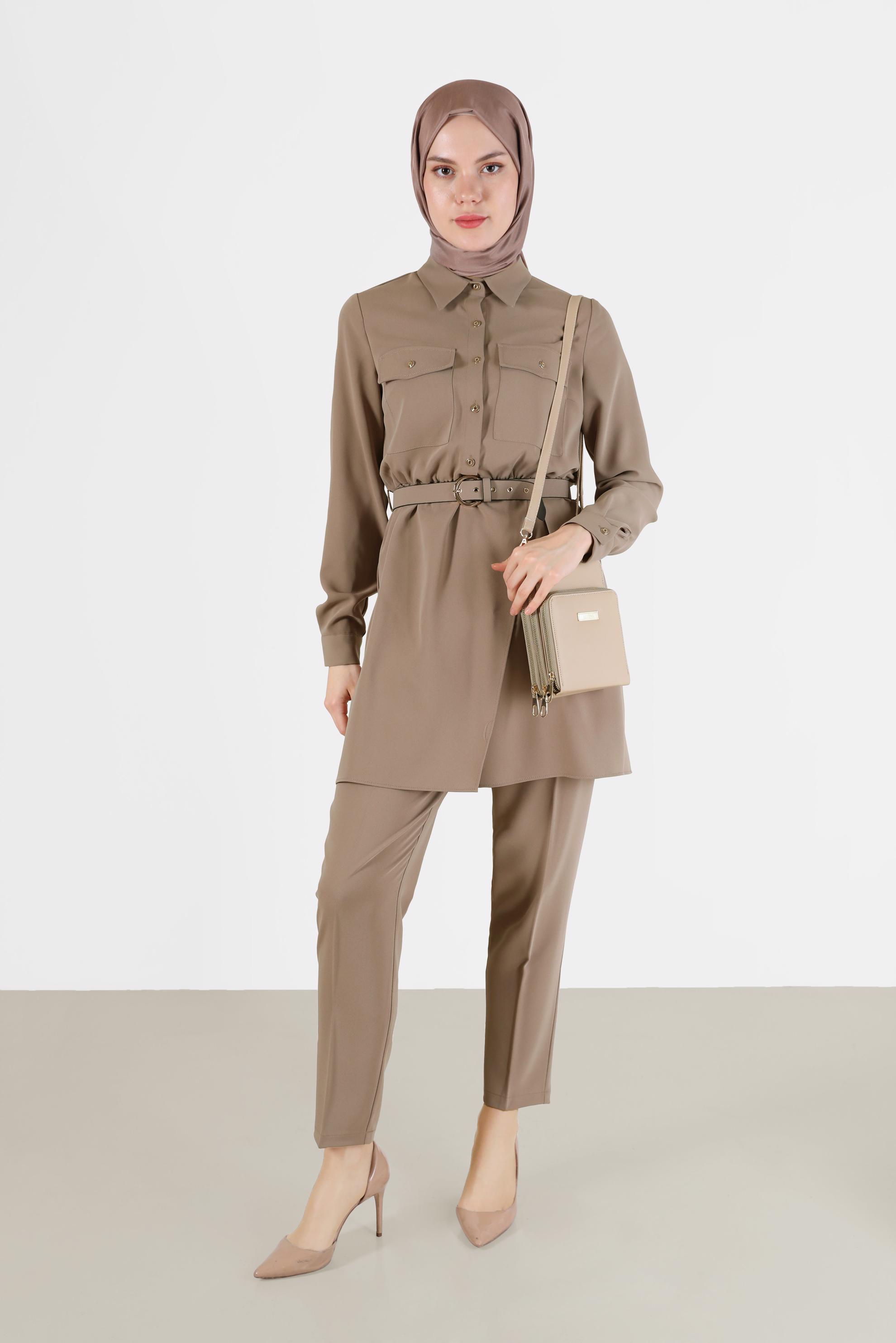 Tesettür giyim KAHVE BELİ KUŞAKLI CEP DETAYLI İKİLİ PANT. TAKIM 42388 