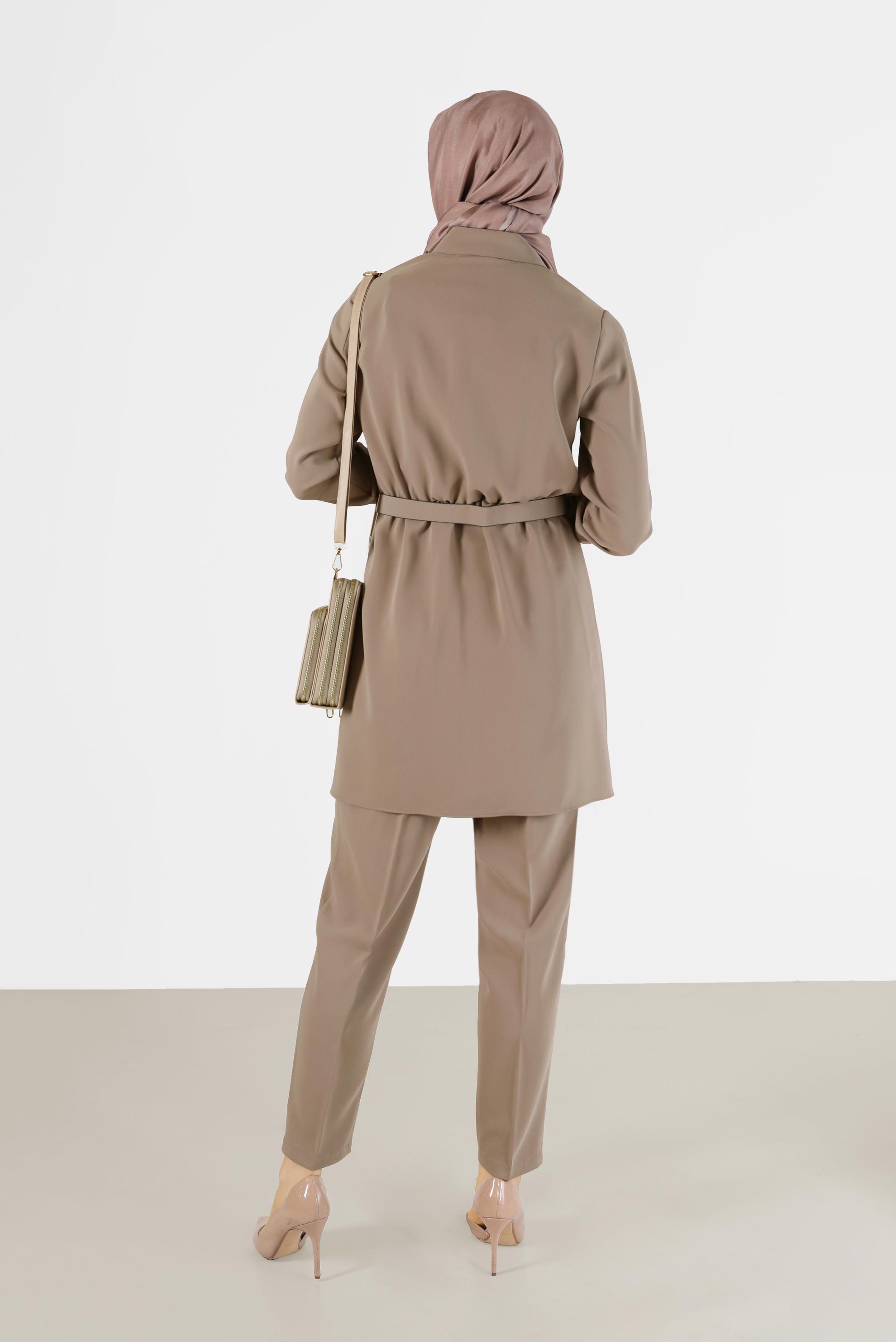 Tesettür giyim KAHVE BELİ KUŞAKLI CEP DETAYLI İKİLİ PANT. TAKIM 42388 