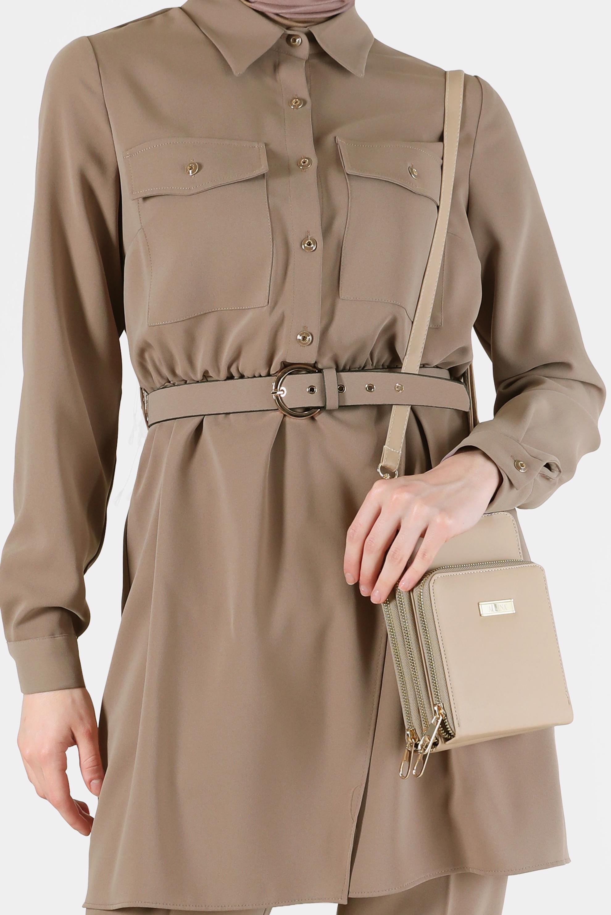 Tesettür giyim KAHVE BELİ KUŞAKLI CEP DETAYLI İKİLİ PANT. TAKIM 42388 