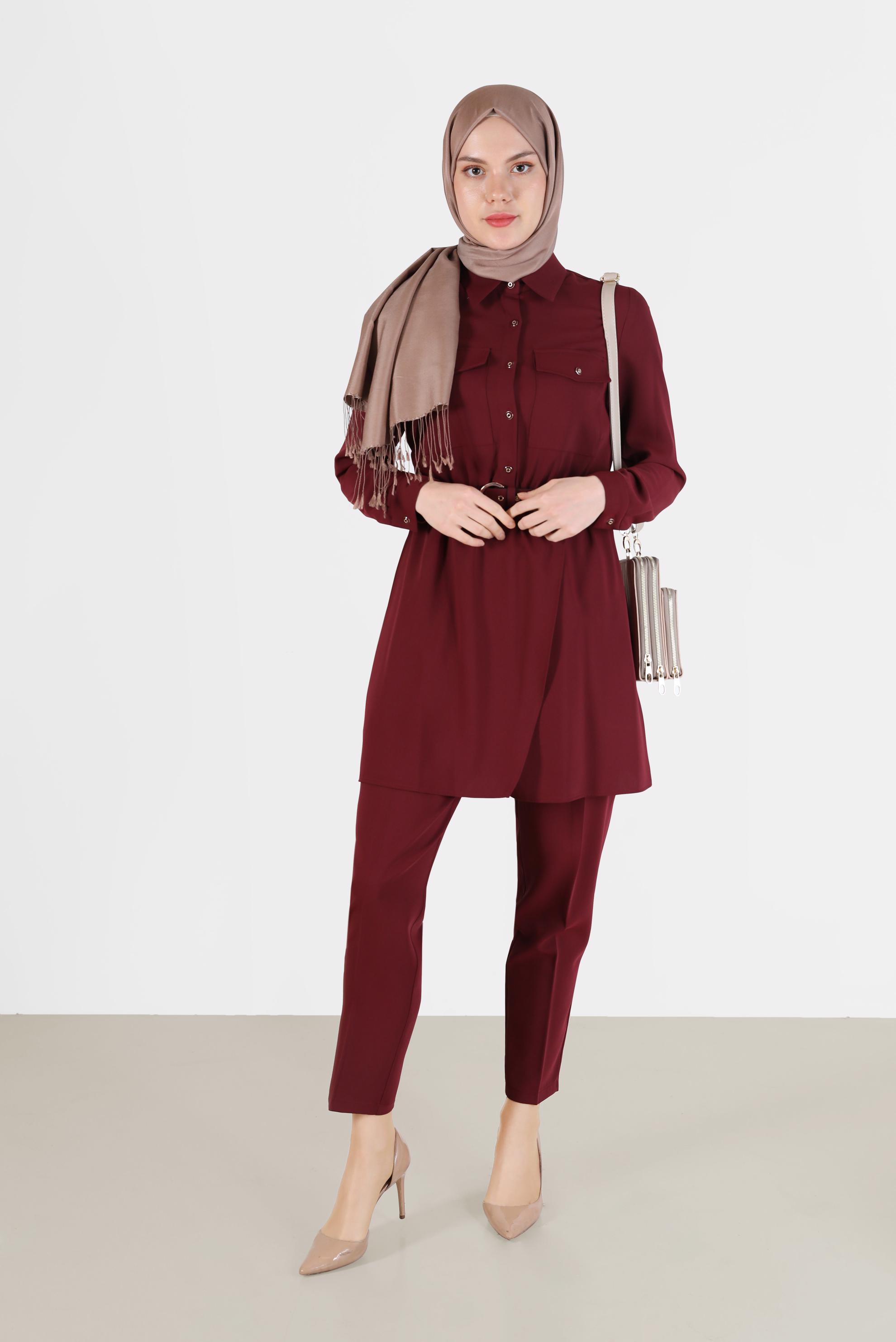 Tesettür giyim BORDO BELİ KUŞAKLI CEP DETAYLI İKİLİ PANT. TAKIM 42388 