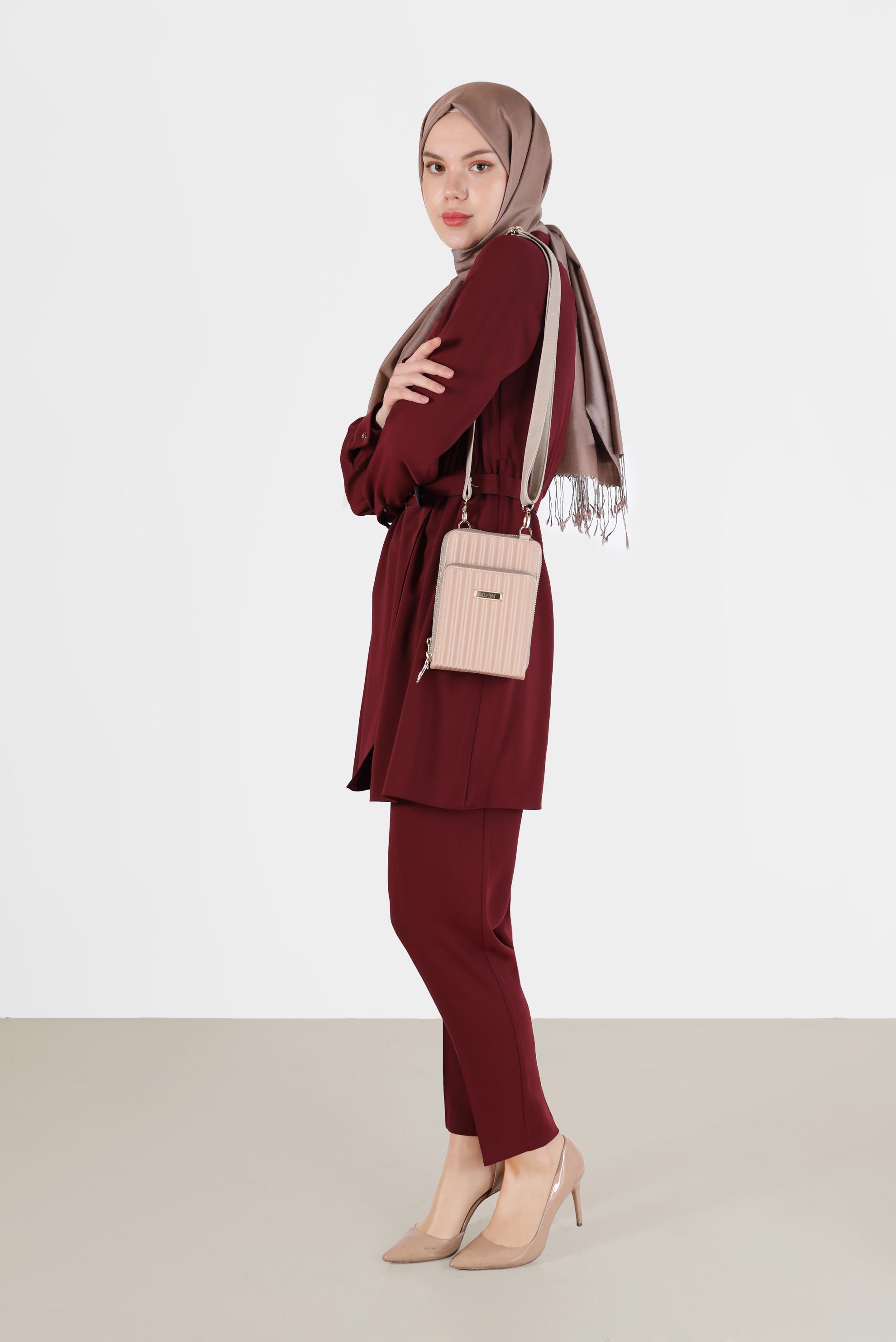 Tesettür giyim BORDO BELİ KUŞAKLI CEP DETAYLI İKİLİ PANT. TAKIM 42388 
