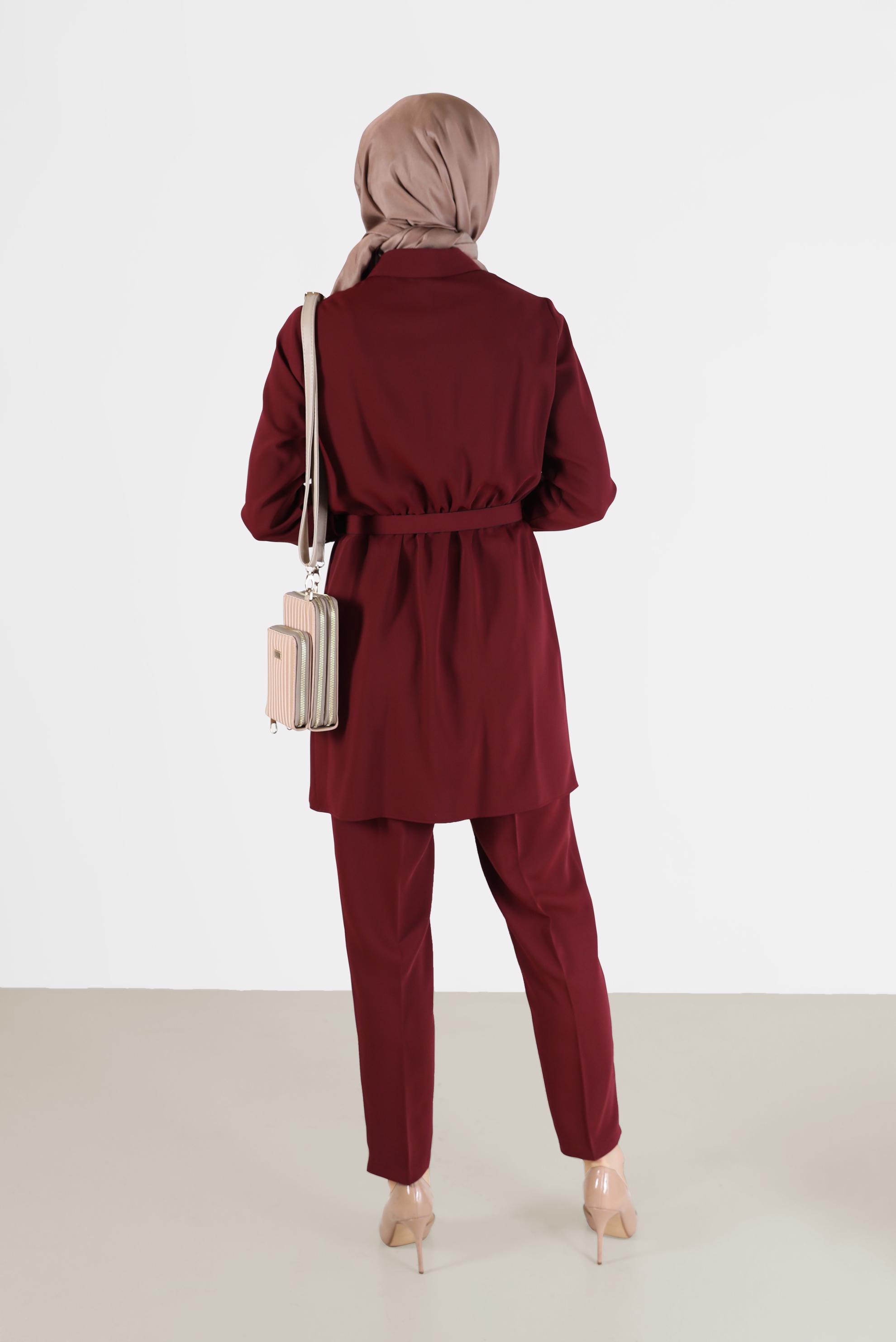 Tesettür giyim BORDO BELİ KUŞAKLI CEP DETAYLI İKİLİ PANT. TAKIM 42388 