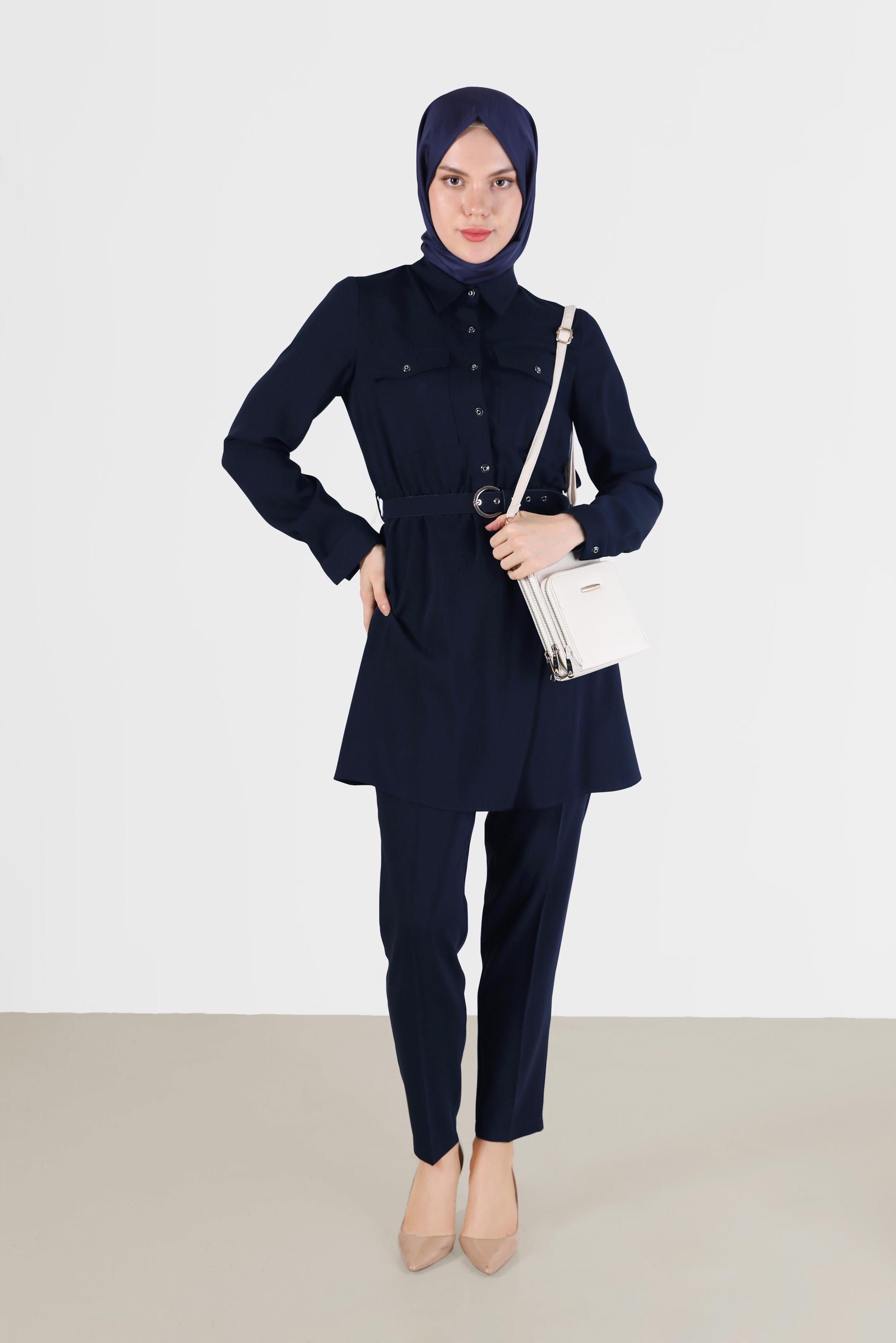 Tesettür giyim LACİVERT BELİ KUŞAKLI CEP DETAYLI İKİLİ PANT. TAKIM 42388 