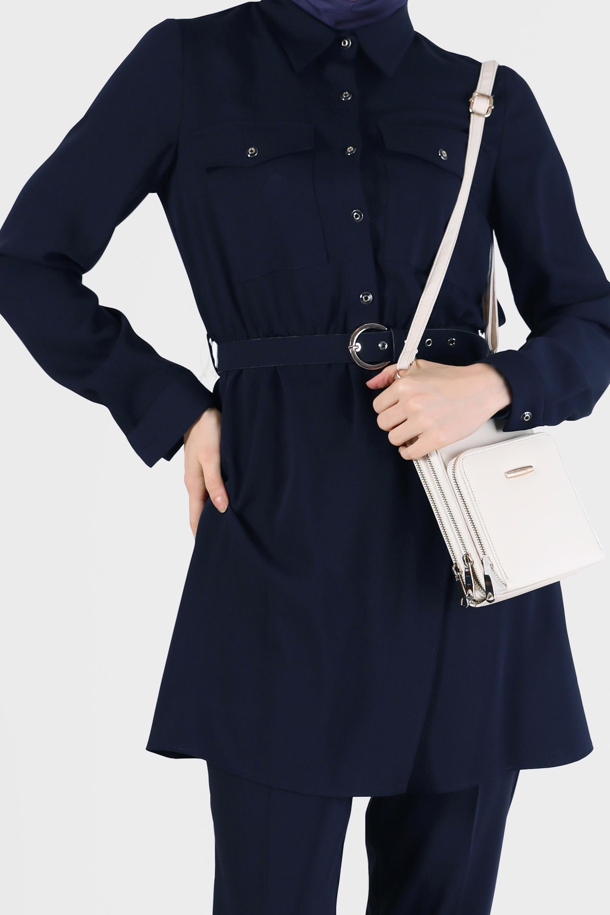 Tesettür giyim LACİVERT BELİ KUŞAKLI CEP DETAYLI İKİLİ PANT. TAKIM 42388 