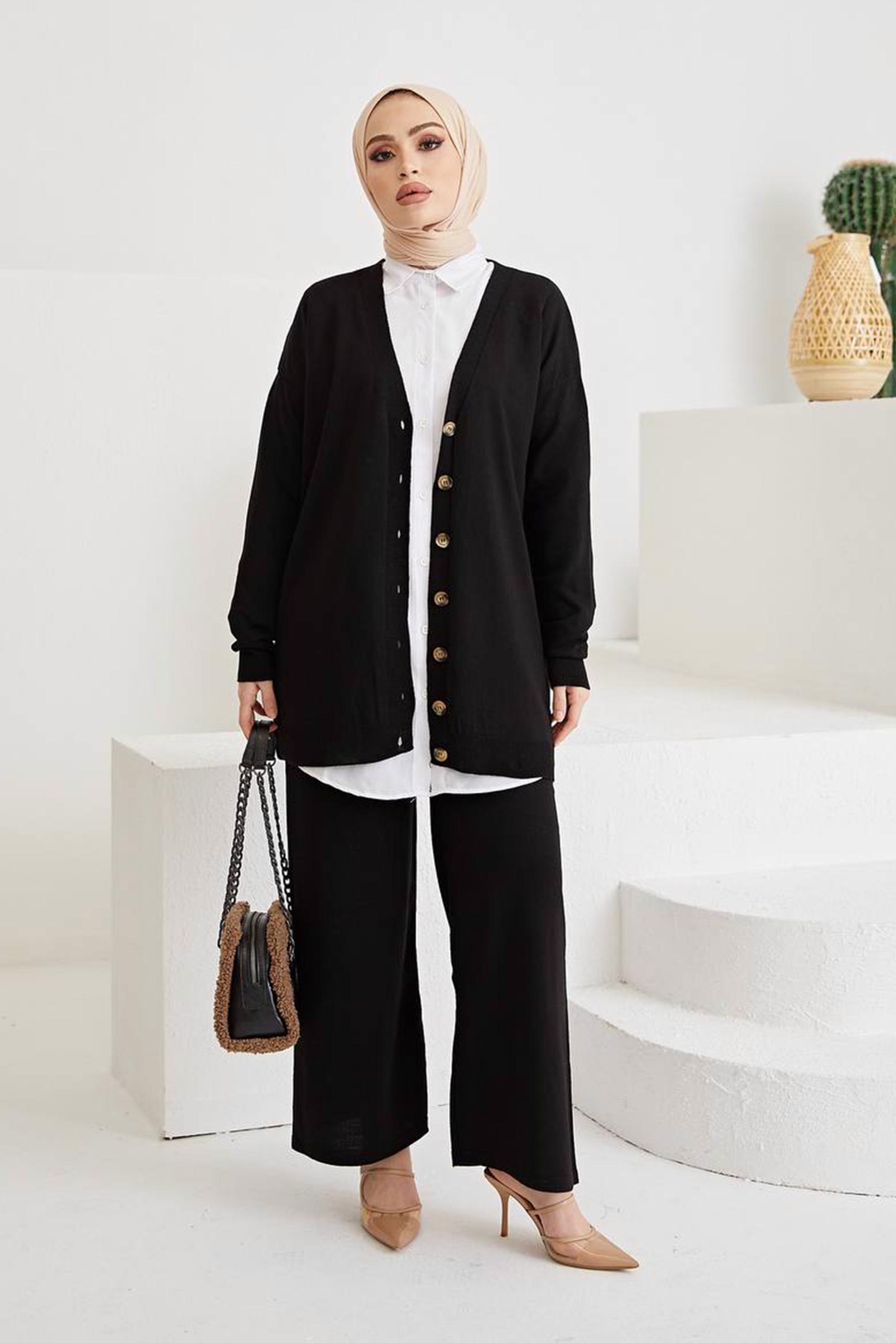 Tesettür giyim SİYAH DÜĞME DETAYLI BASIC TRİKO PANT. TAKIM 42463 