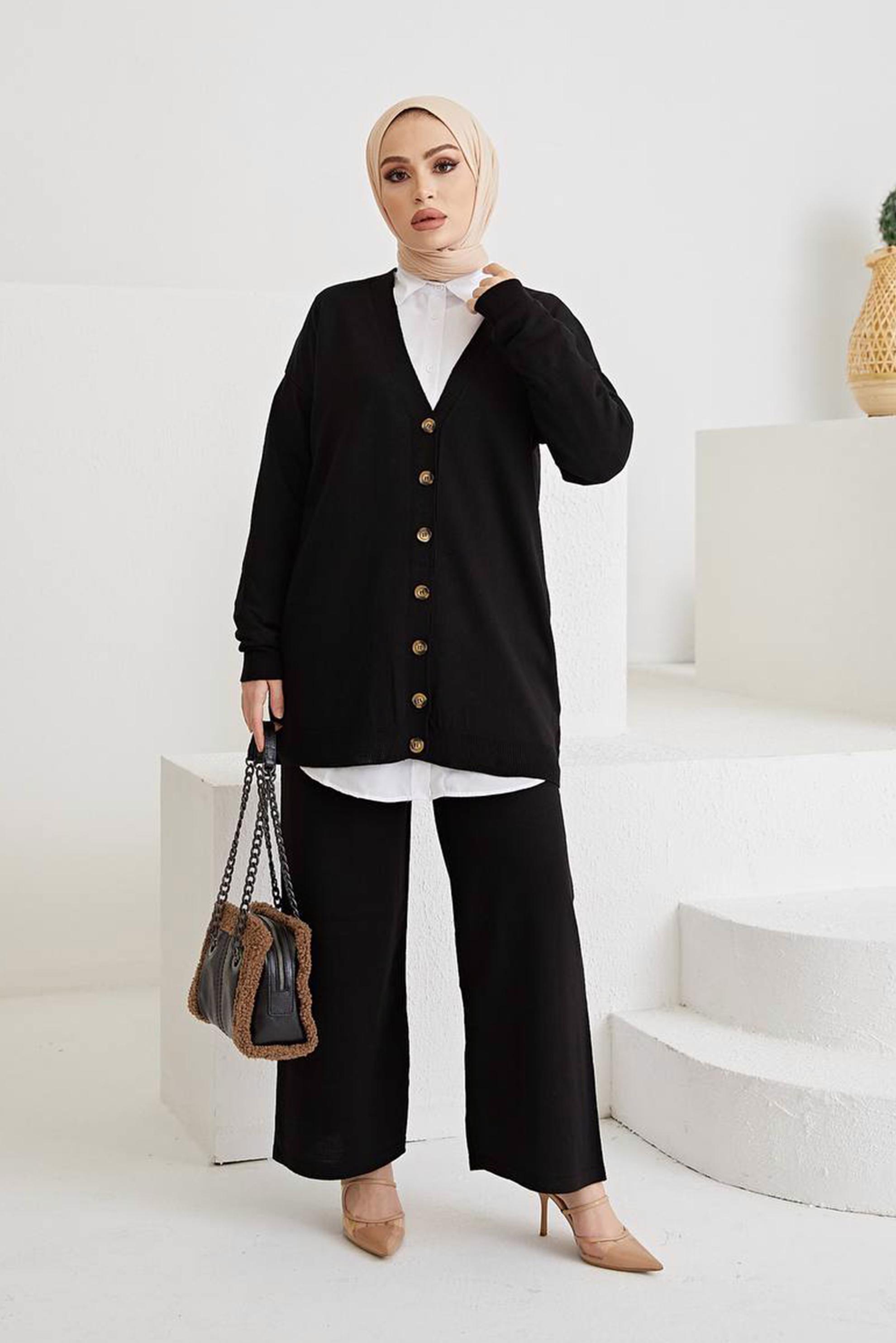 Tesettür giyim SİYAH DÜĞME DETAYLI BASIC TRİKO PANT. TAKIM 42463 