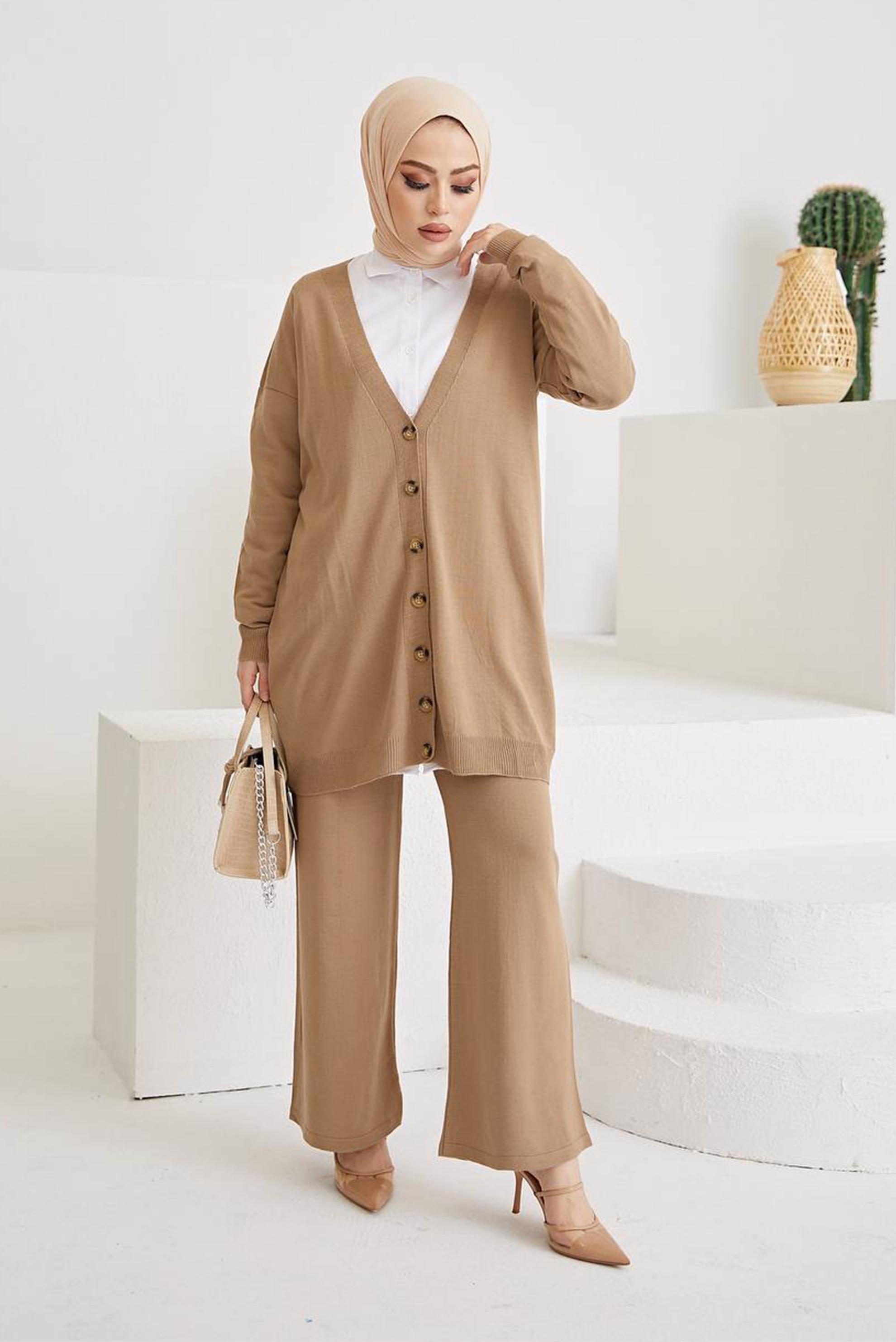 Tesettür giyim KAHVE DÜĞME DETAYLI BASIC TRİKO PANT. TAKIM 42463 