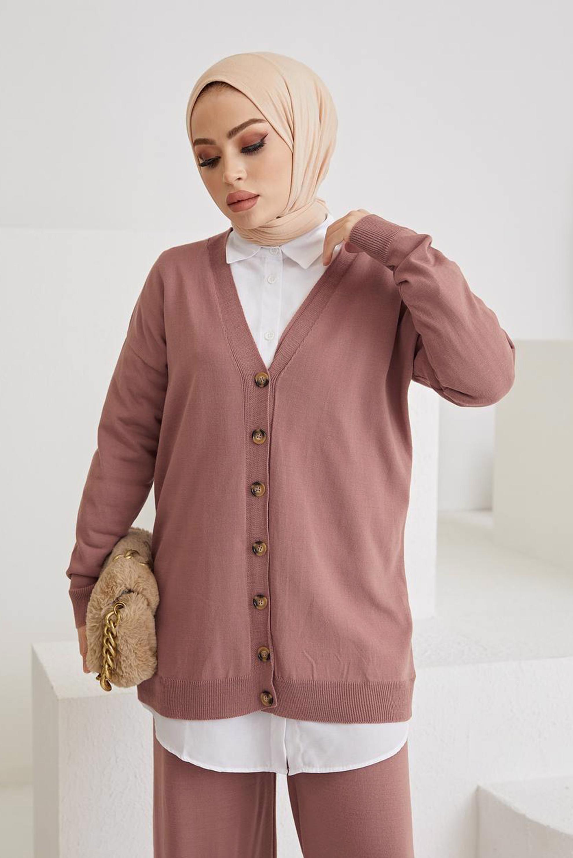 Tesettür giyim PEMBE DÜĞME DETAYLI BASIC TRİKO PANT. TAKIM 42463 